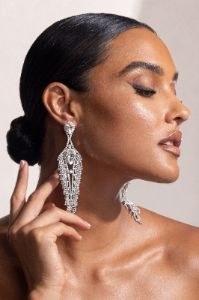 Melissa | Silver Diamante Tassel Teardrop Drop Earrings sold by Club L London