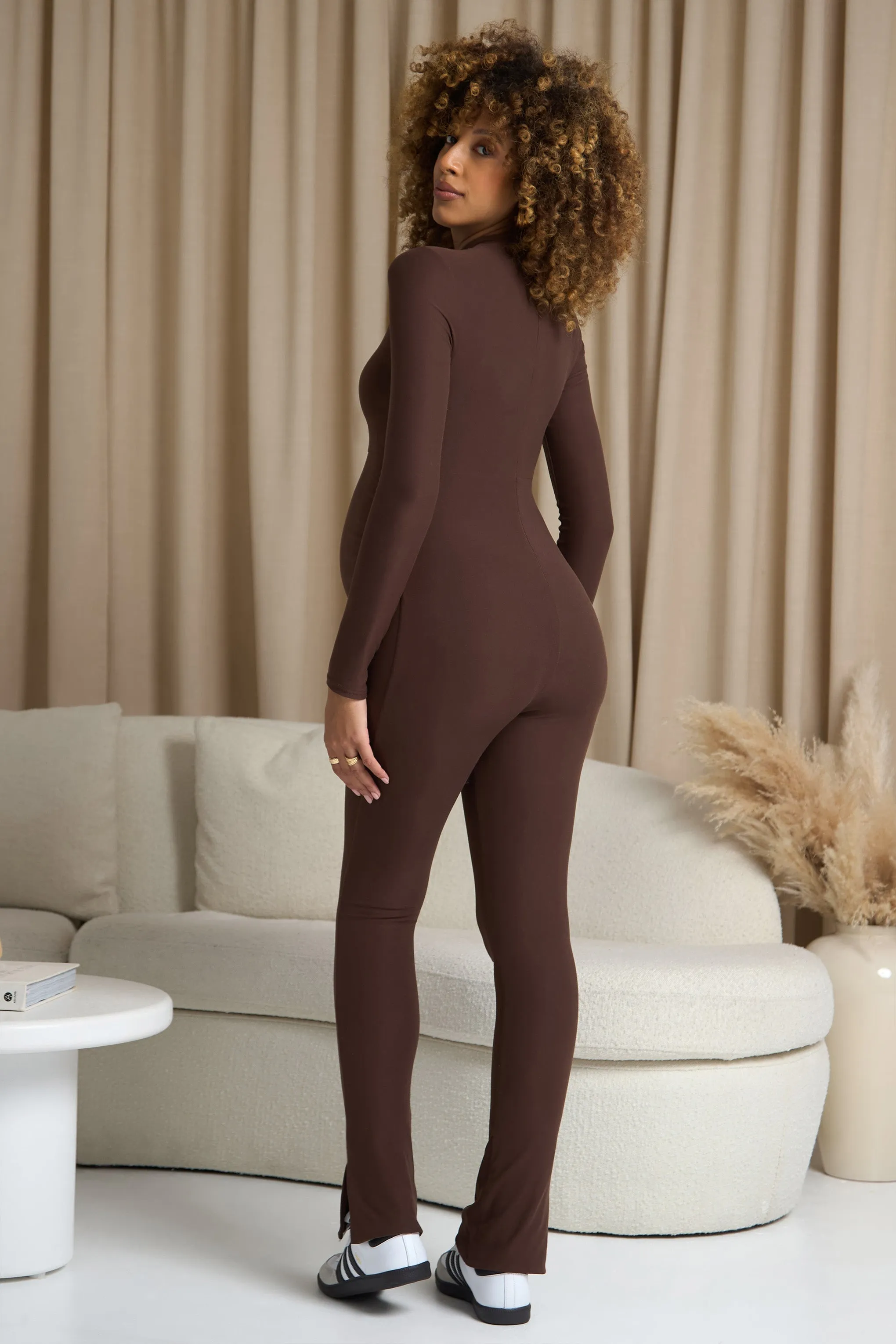 Fia | Chocolate Brown High-Neck Slim-Leg Maternity Jumpsuit sold by Club L London product image thumbnail 2