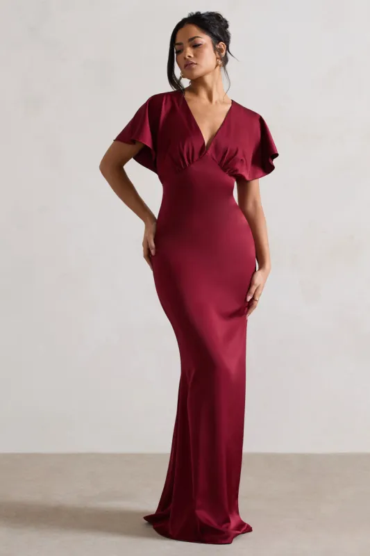 Marisa | Berry Satin V-Neck Flutter-Sleeve Maxi Dress sold by Club L London