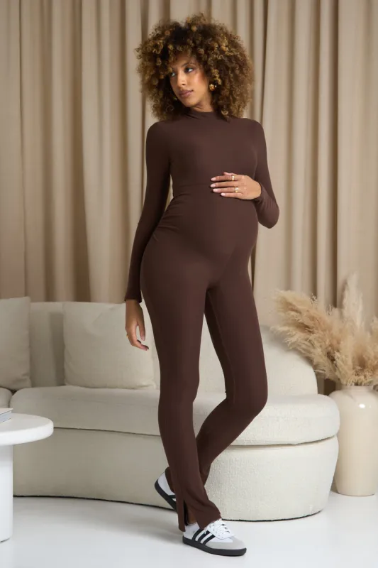 Fia | Chocolate Brown High-Neck Slim-Leg Maternity Jumpsuit sold by Club L London