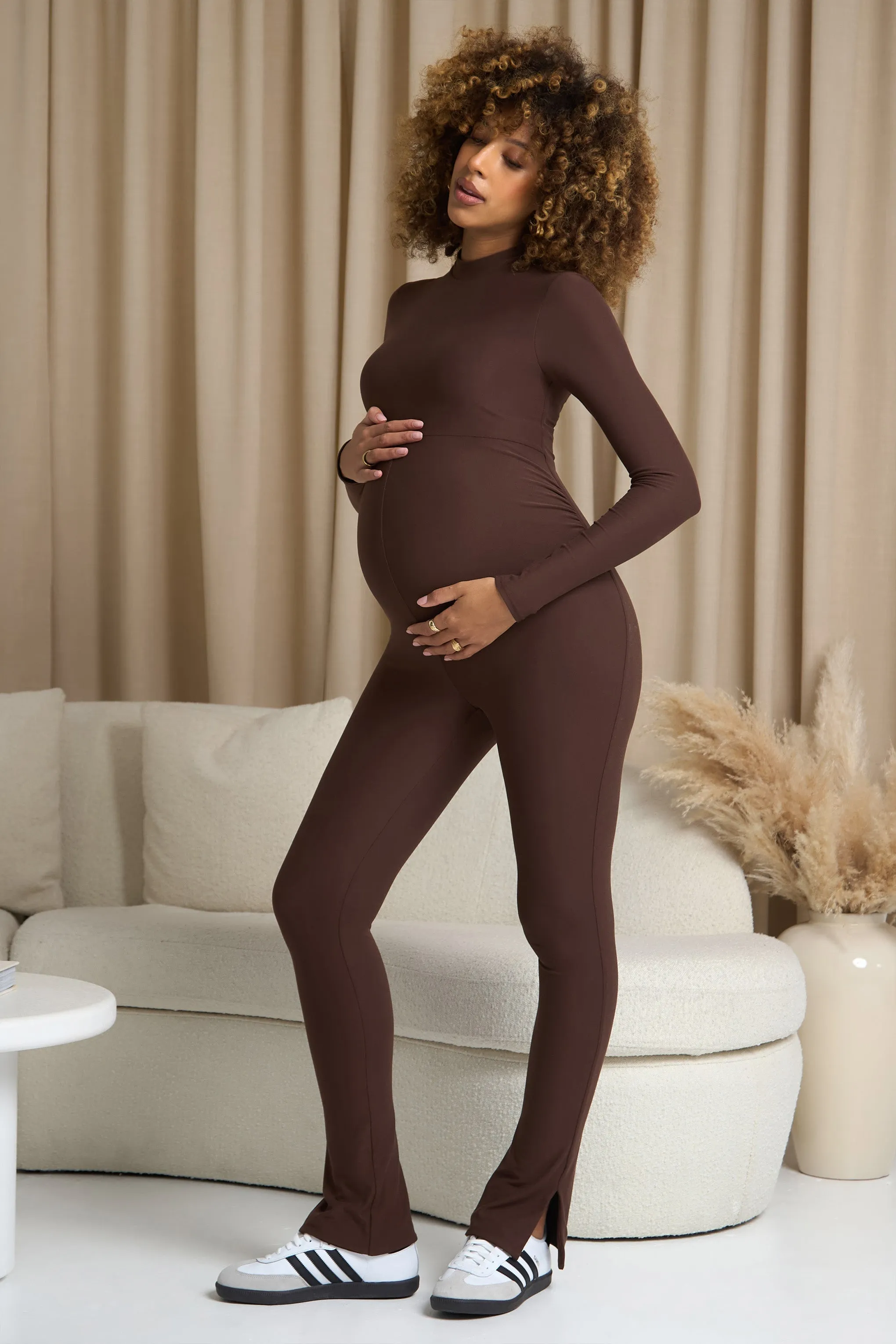 Fia | Chocolate Brown High-Neck Slim-Leg Maternity Jumpsuit sold by Club L London product image thumbnail 4