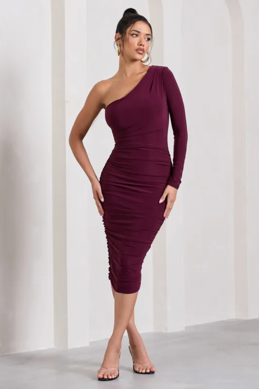 In The Shadows | Burgundy One Sleeve Midi Dress With Ruching sold by Club L London