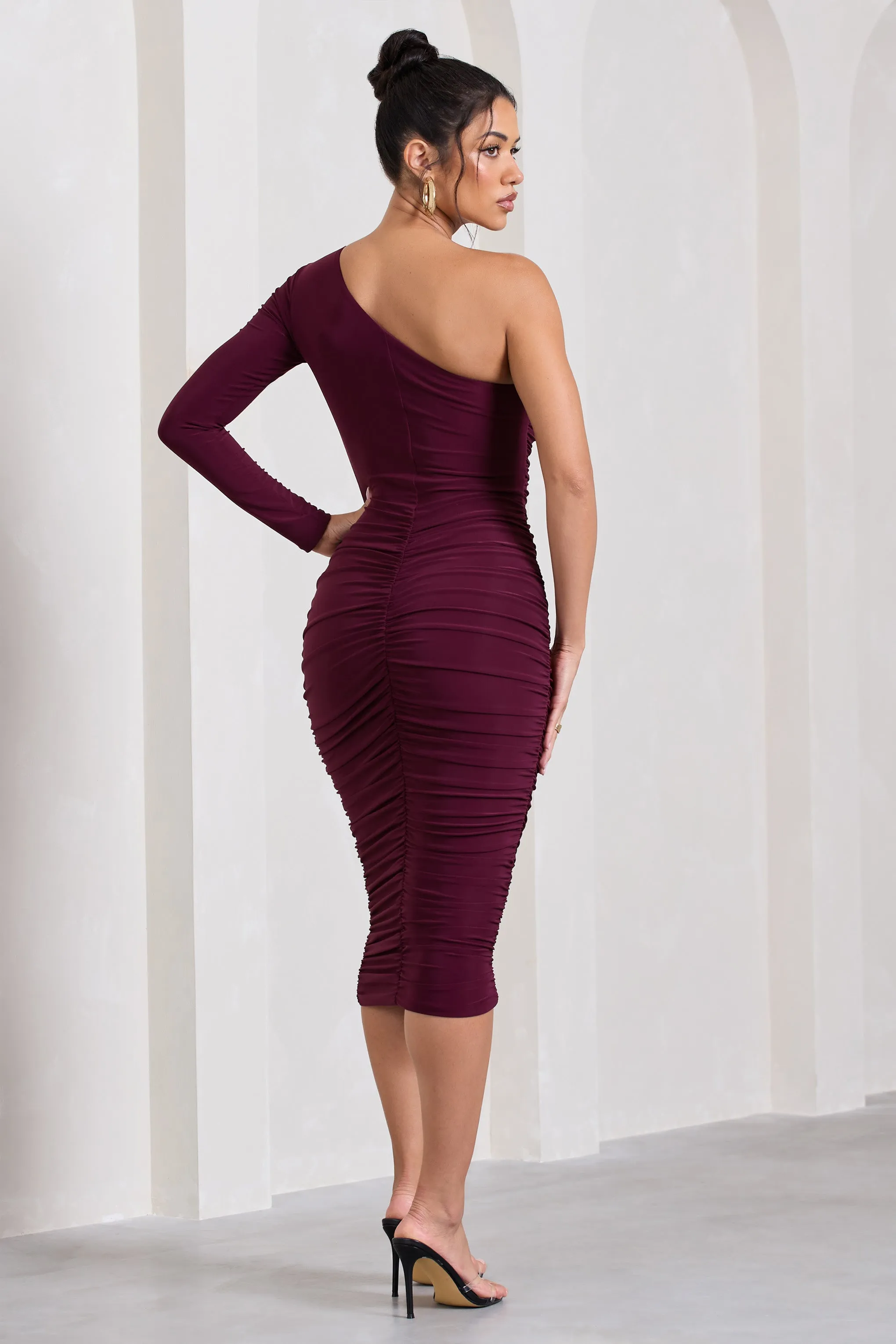 In The Shadows | Burgundy One Sleeve Midi Dress With Ruching sold by Club L London product image thumbnail 2
