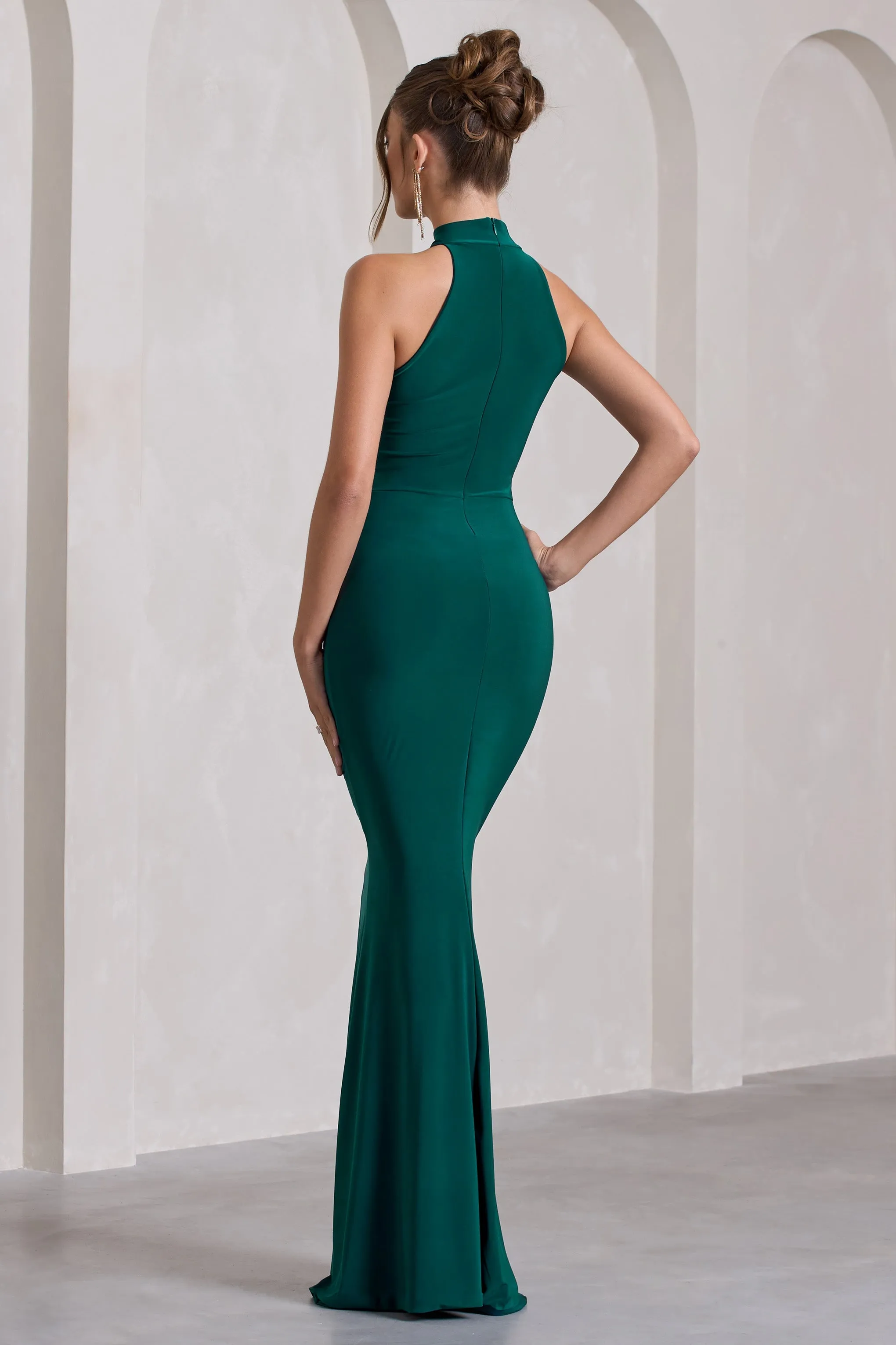 Memorable | Bottle Green Ruched High-Neck Split Maxi Dress sold by Club L London product image thumbnail 2