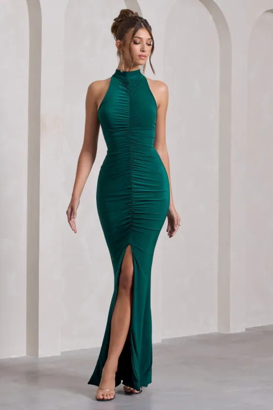 Memorable | Bottle Green Ruched High-Neck Split  Maxi Dress sold by Club L London
