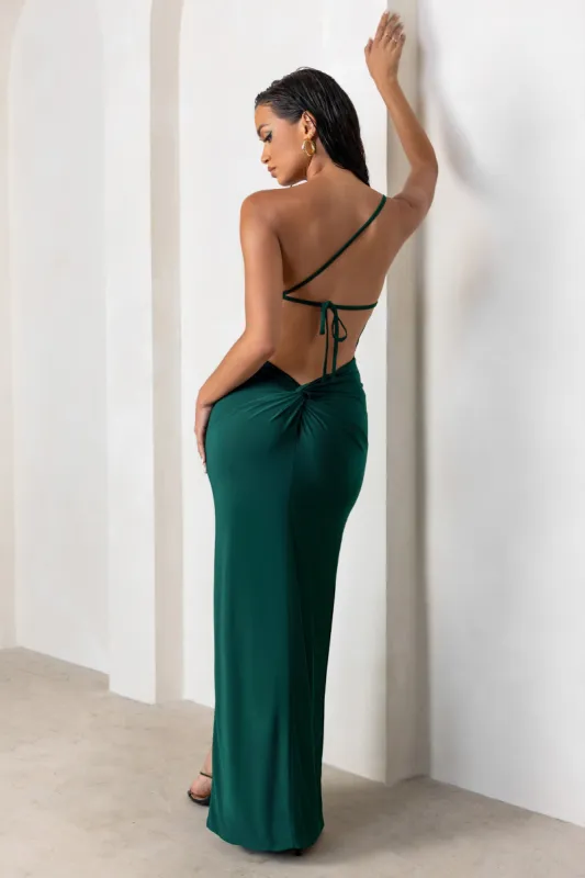 Dressing Up | Bottle Green One Shoulder Maxi Dress With Open Back Detail sold by Club L London