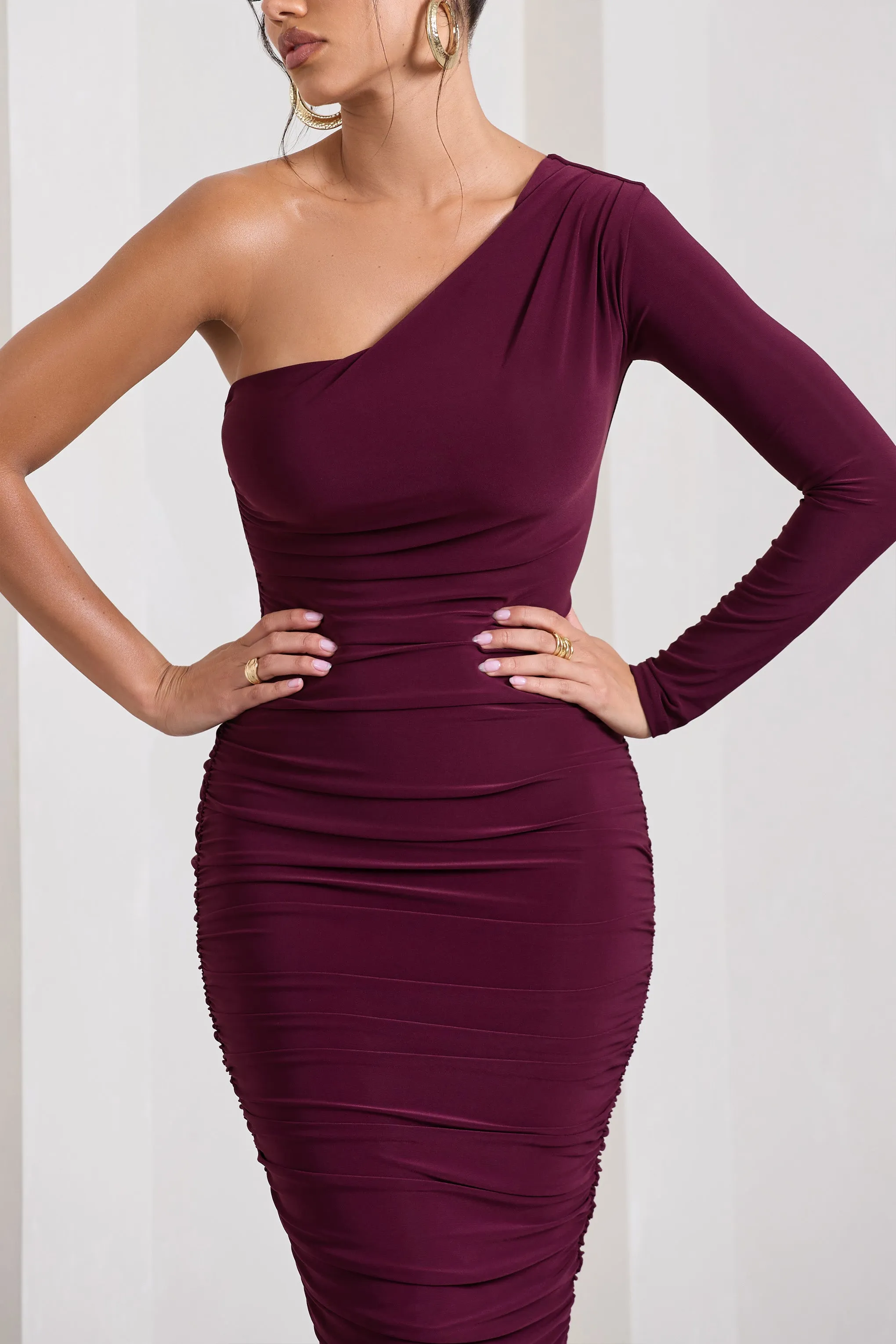 In The Shadows | Burgundy One Sleeve Midi Dress With Ruching sold by Club L London product image thumbnail 3