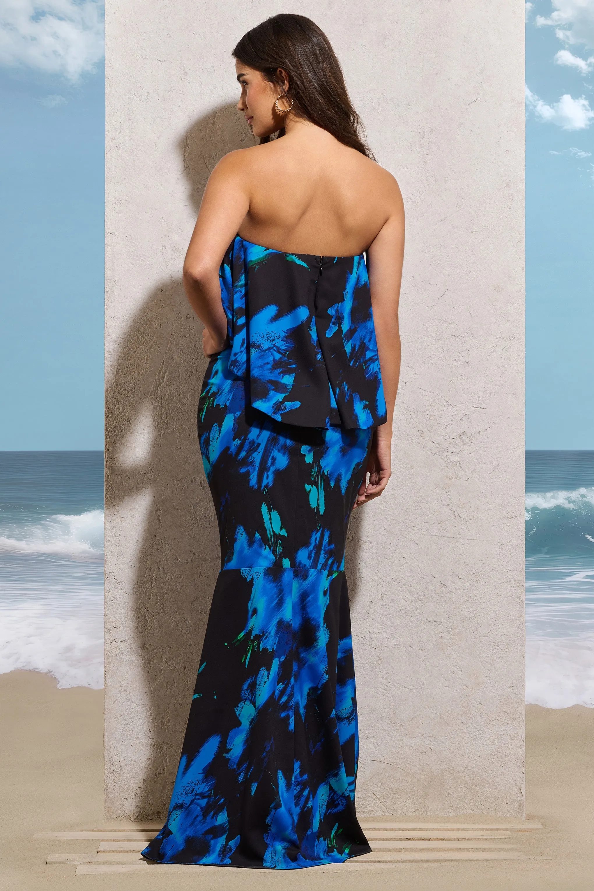 Solitude | Navy Floral Print Ruched Maxi Skirt sold by Club L London product image thumbnail 3