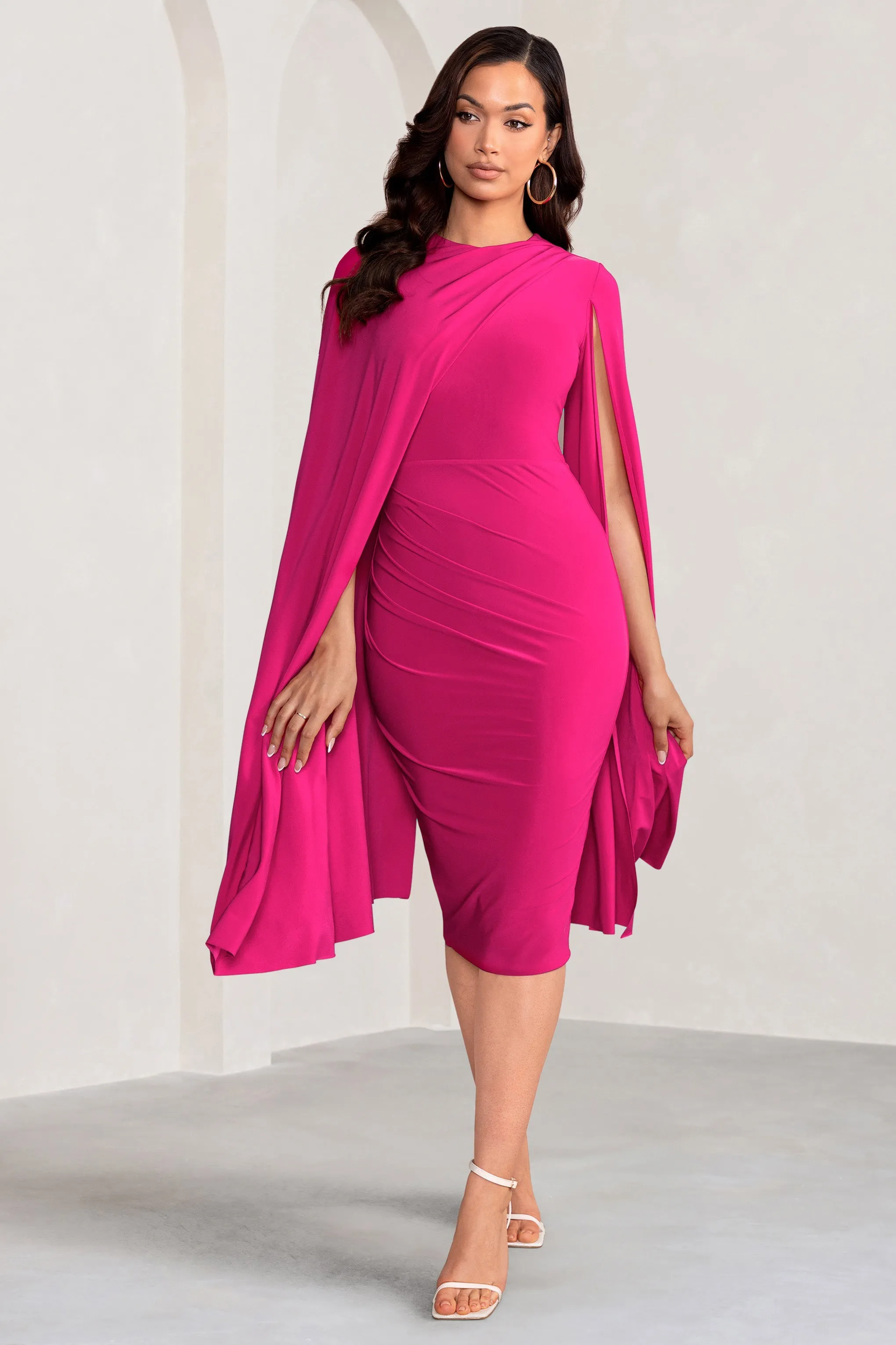 Marysol | Pink Asymmetric Cape Midi Dress sold by Club L London product image thumbnail 4