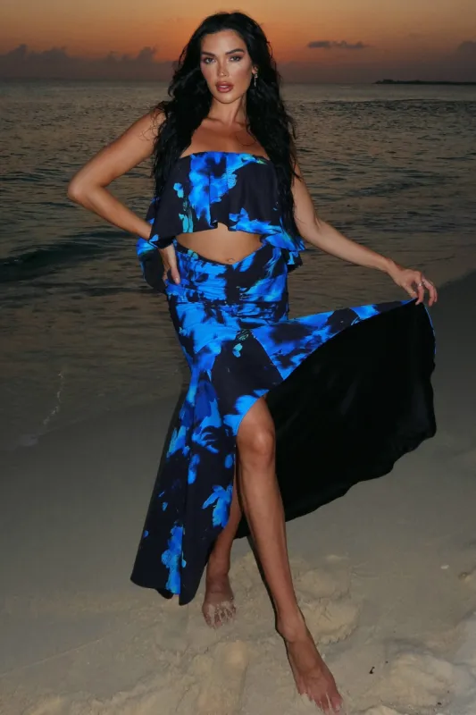 Solitude | Navy Floral Print Ruched Maxi Skirt sold by Club L London