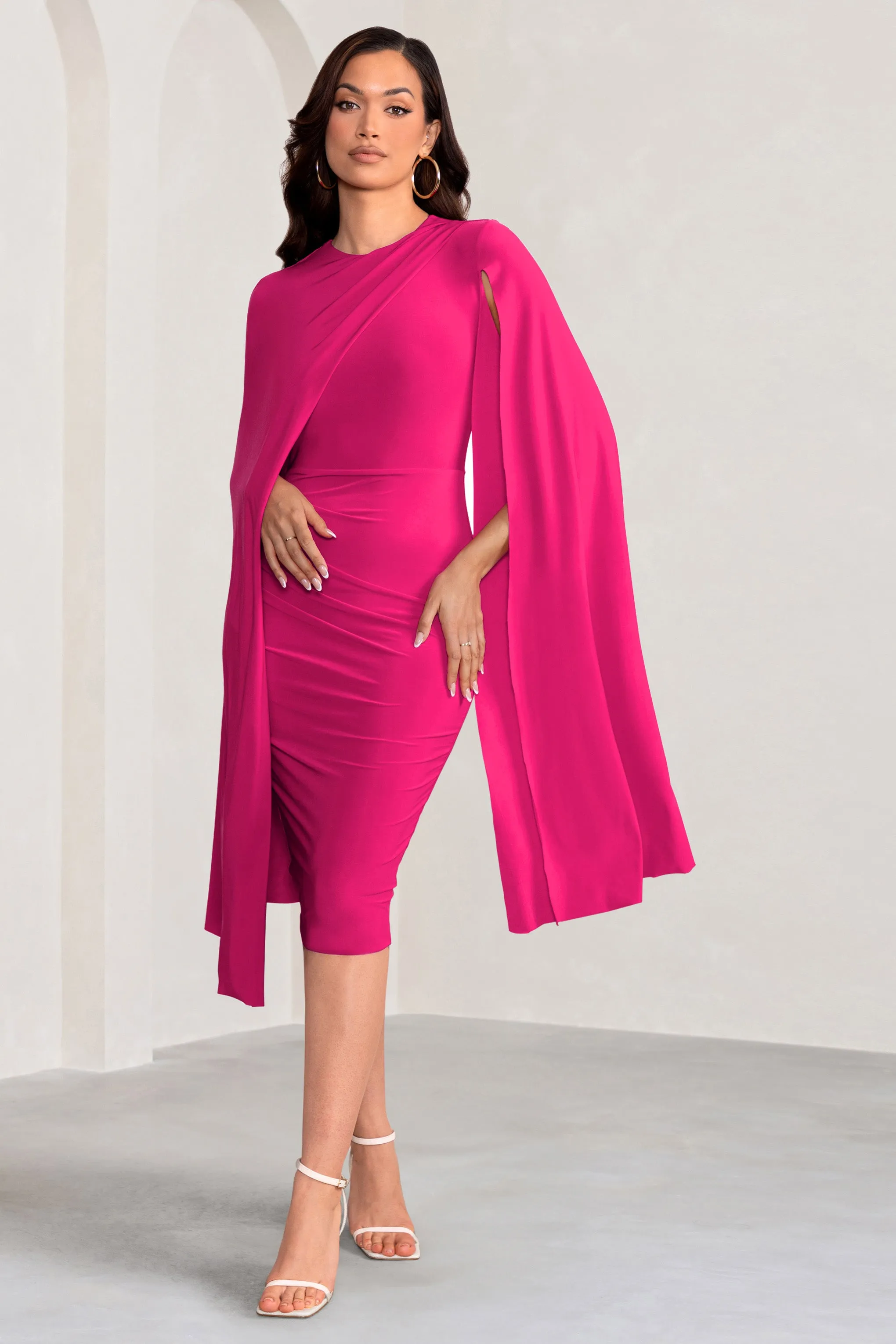 Marysol | Pink Asymmetric Cape Midi Dress sold by Club L London product image thumbnail 5