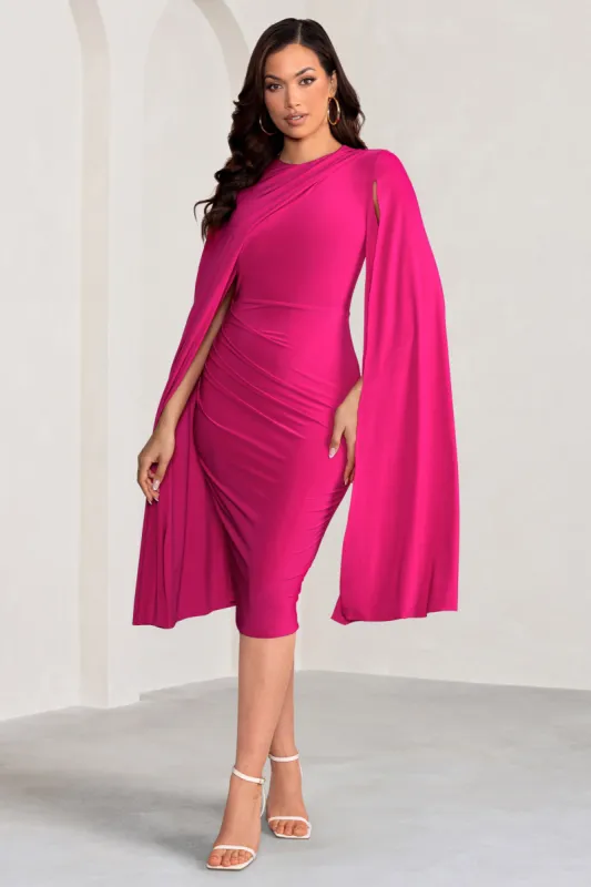 Marysol | Pink Asymmetric Cape Midi Dress sold by Club L London