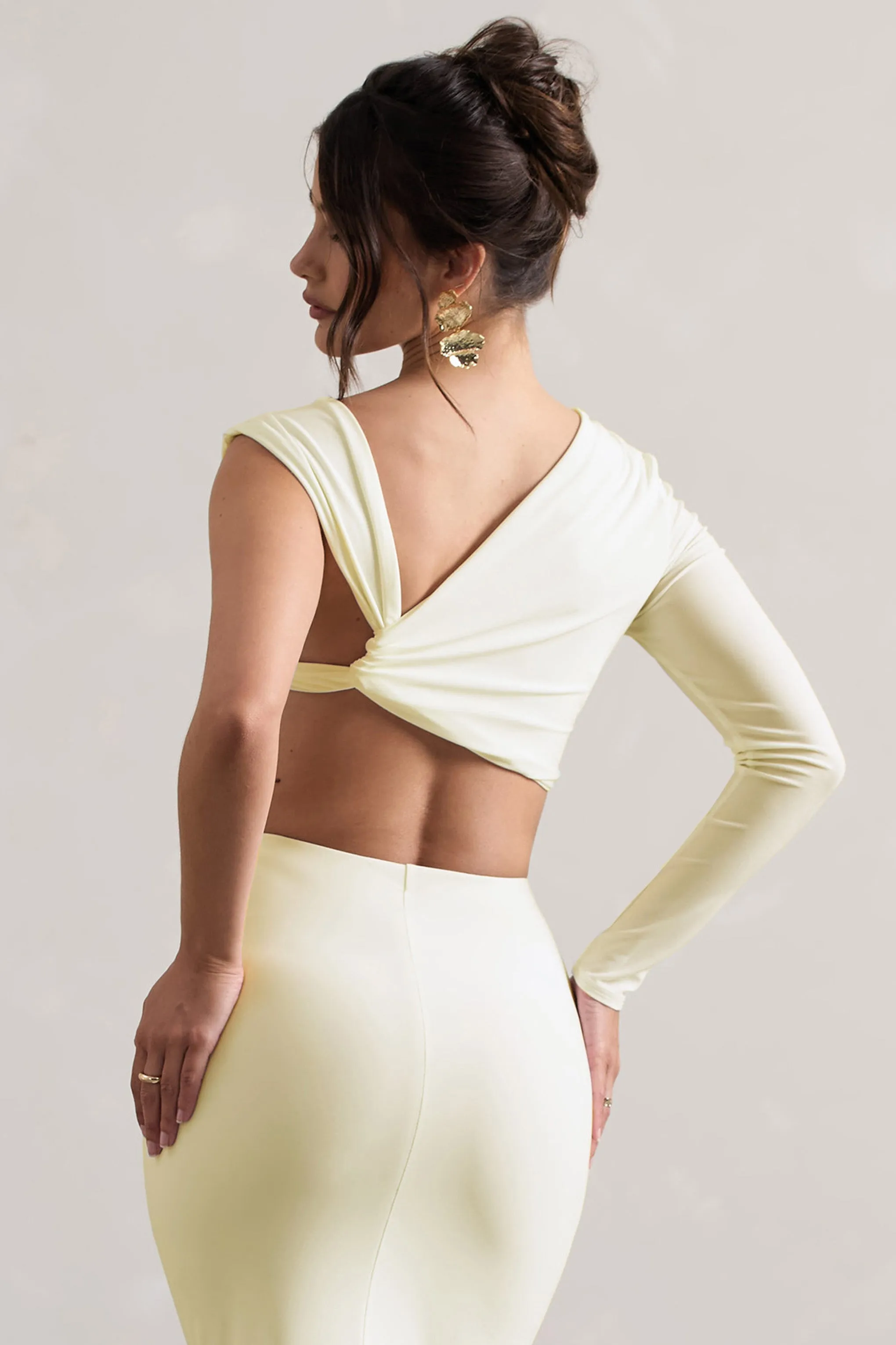 Agalia | Cream Ruched Asymmetric One-Sleeve Crop Top sold by Club L London product image thumbnail 2