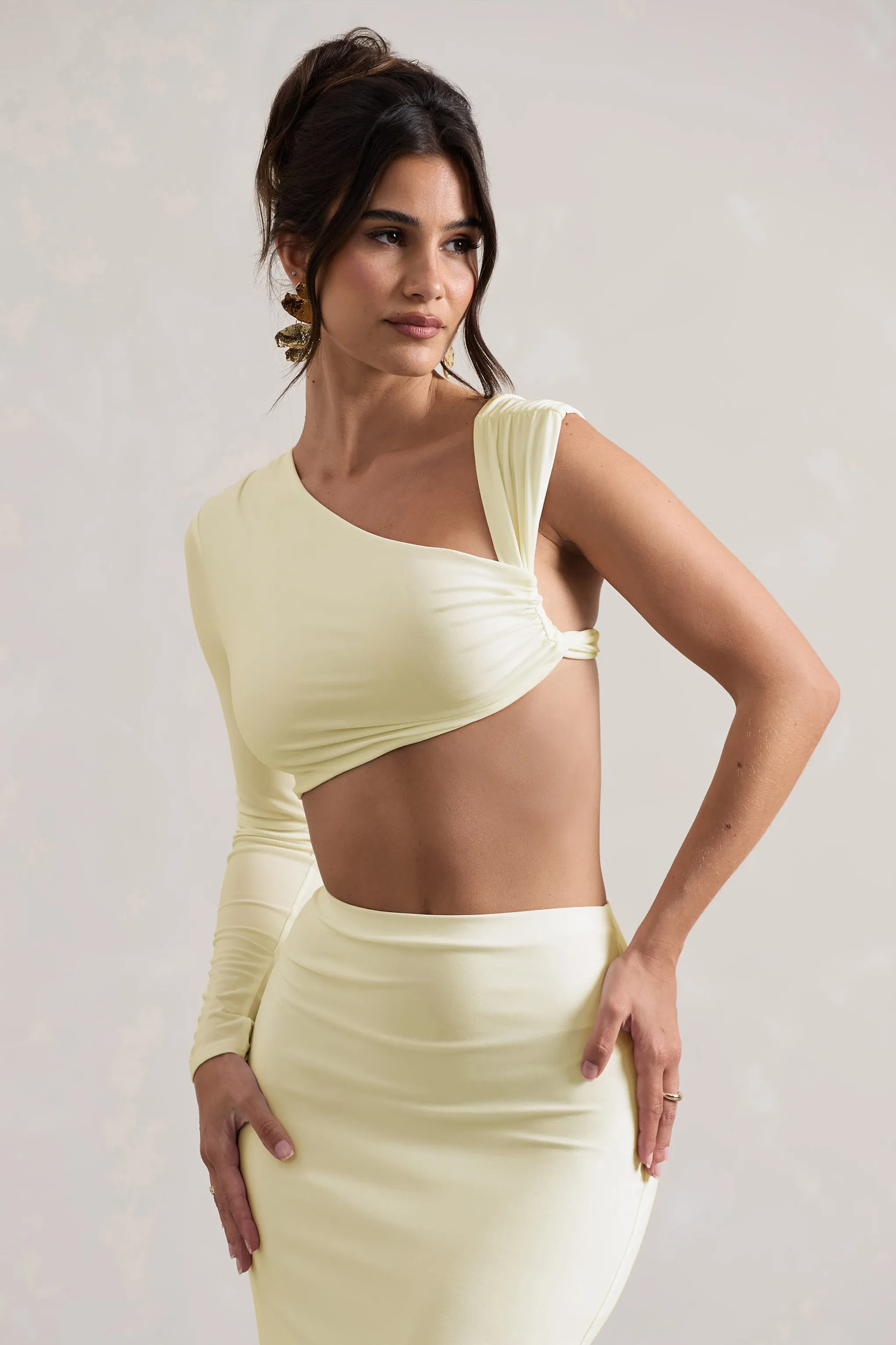 Agalia | Cream Ruched Asymmetric One-Sleeve Crop Top sold by Club L London product image thumbnail 5