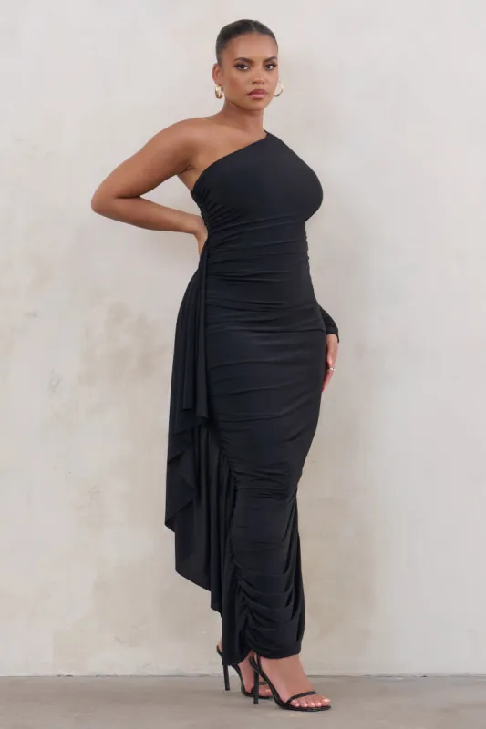 Never Let Go | Plus Black One Shoulder Ruched Side Maxi Dress sold by Club L London
