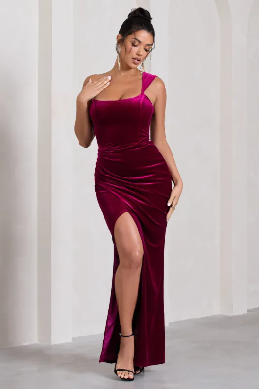 Jessica | Berry Velvet One Shoulder Corset Style Wrap Maxi Dress sold by Club L London