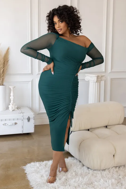 Temptation | Plus Green Ruched Mesh Long Sleeve Midi Dress sold by Club L London