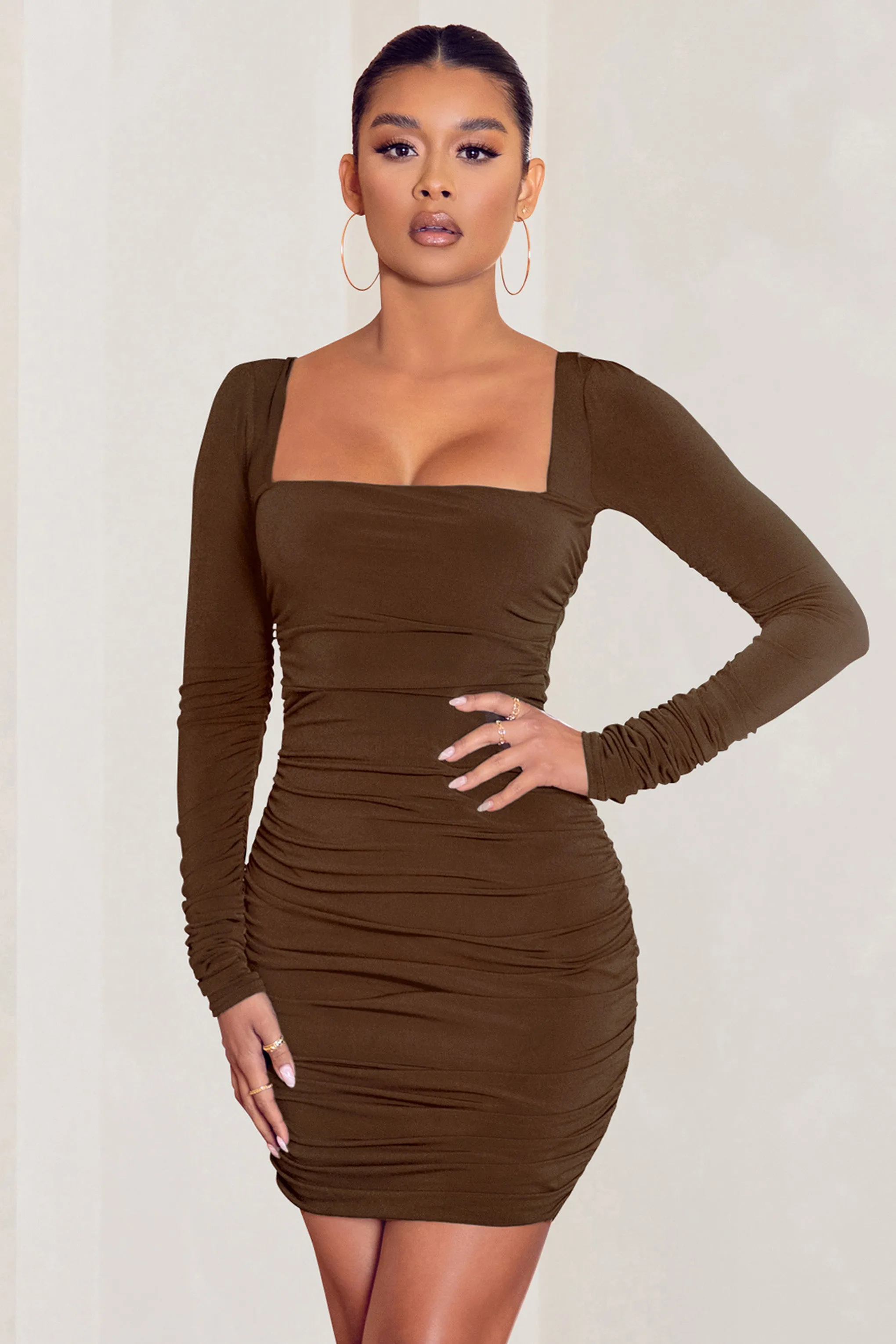 Muse | Chocolate Long Sleeve Square Neck Ruched Mini Dress sold by Club L London product image thumbnail 3