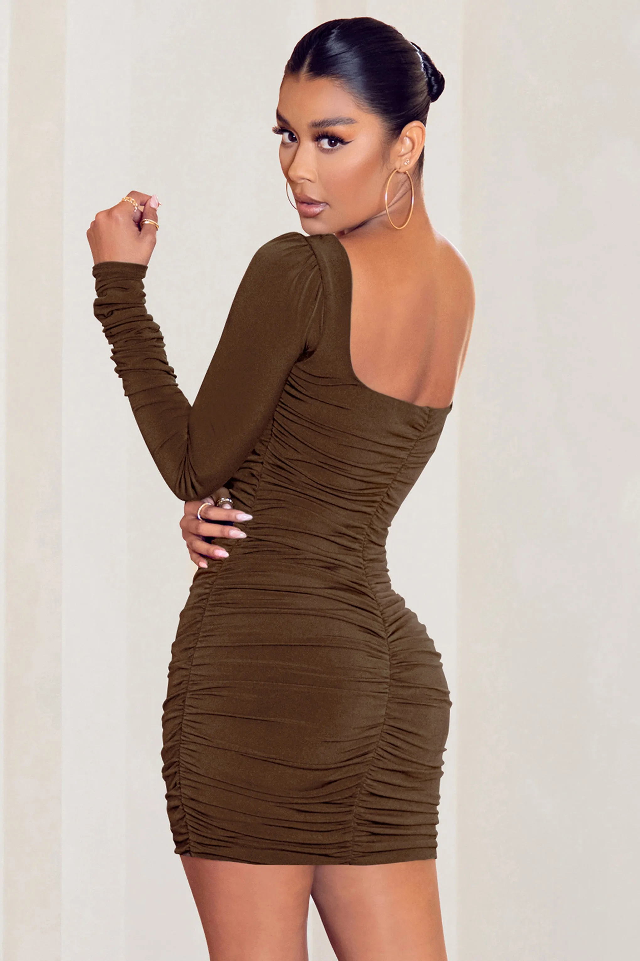 Muse | Chocolate Long Sleeve Square Neck Ruched Mini Dress sold by Club L London product image thumbnail 2