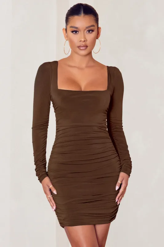 Muse | Chocolate Long Sleeve Square Neck Ruched Mini Dress sold by Club L London
