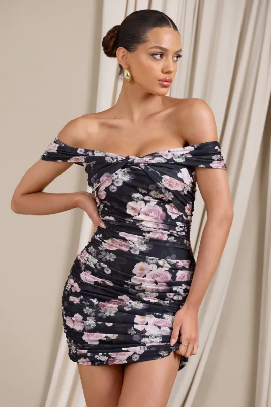 Thorn | Black Floral Bardot Bodycon Mini Dress sold by Club L London