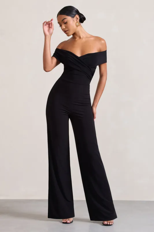 Mandy | Black Off The Shoulder Ruched Jumpsuit sold by Club L London