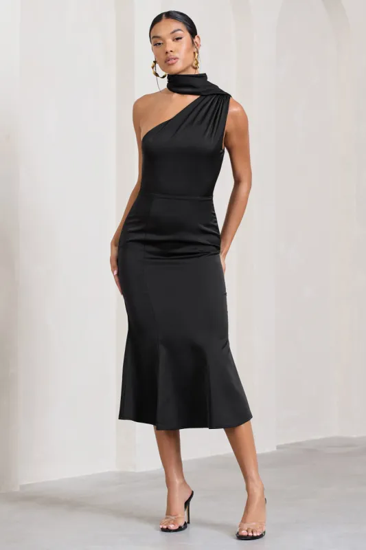 Golden Girl | Black Satin One Shoulder High-Neck Flared Midi Dress sold by Club L London