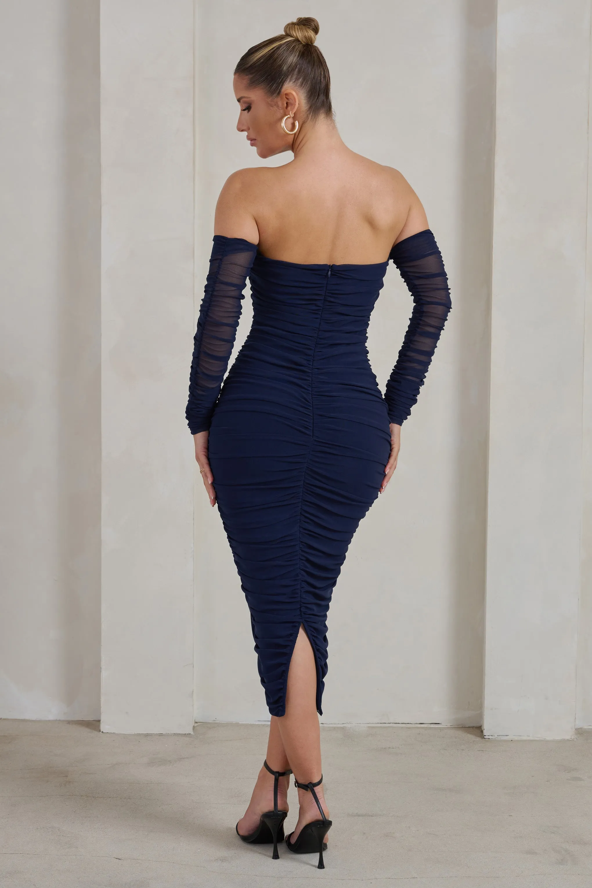 Sorella | Navy Ruched Mesh Bardot Midi Dress sold by Club L London product image thumbnail 2