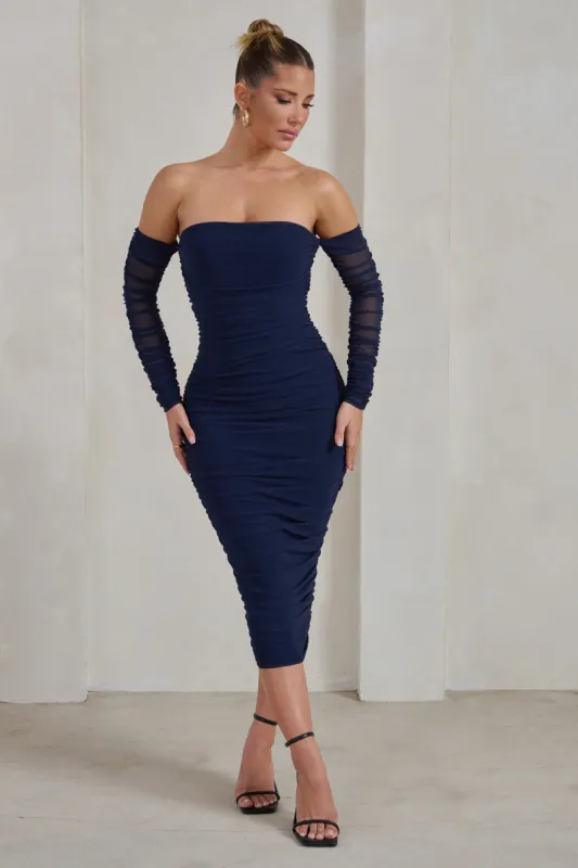 Sorella | Navy Ruched Mesh Bardot Midi Dress sold by Club L London