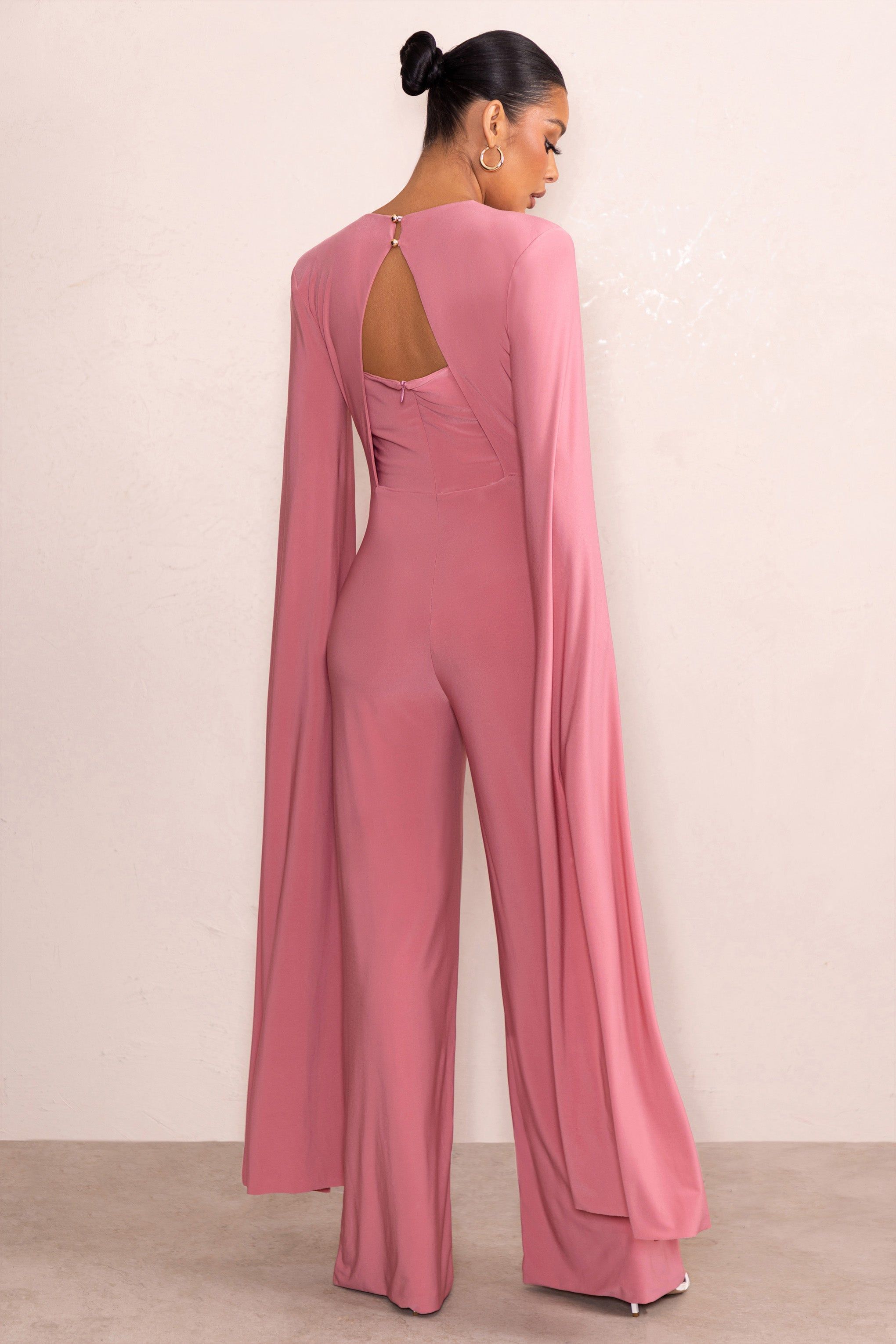 Triumph | Blush Plunge Neck Maternity Jumpsuit with Cape Sleeves sold by Club L London product image thumbnail 2