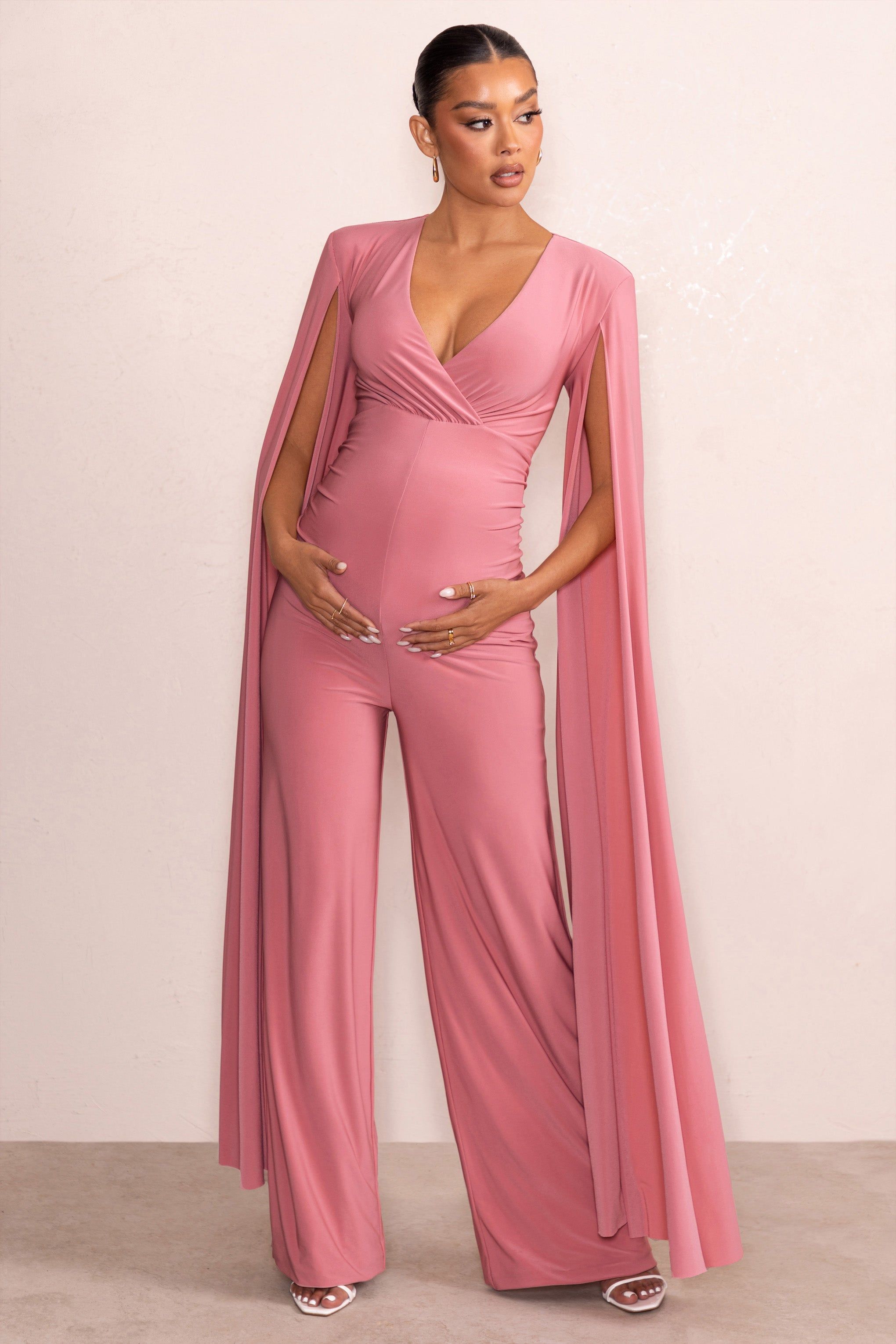 Triumph | Blush Plunge Neck Maternity Jumpsuit with Cape Sleeves sold by Club L London product image thumbnail 5