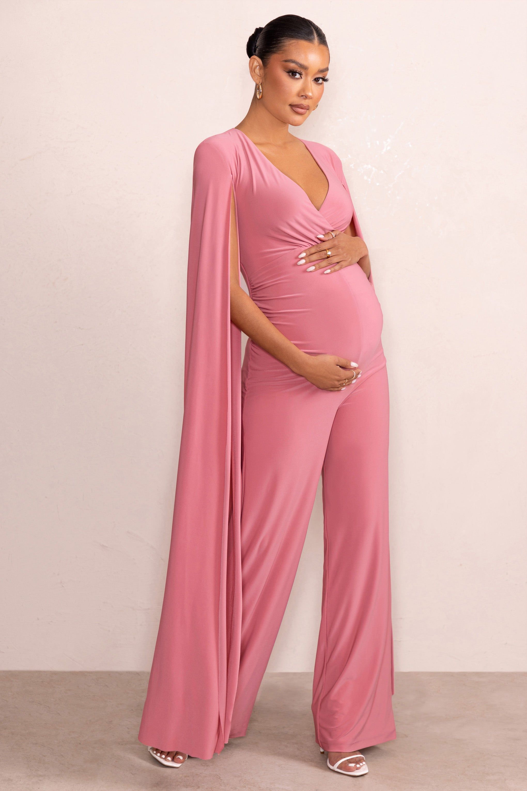 Triumph | Blush Plunge Neck Maternity Jumpsuit with Cape Sleeves sold by Club L London