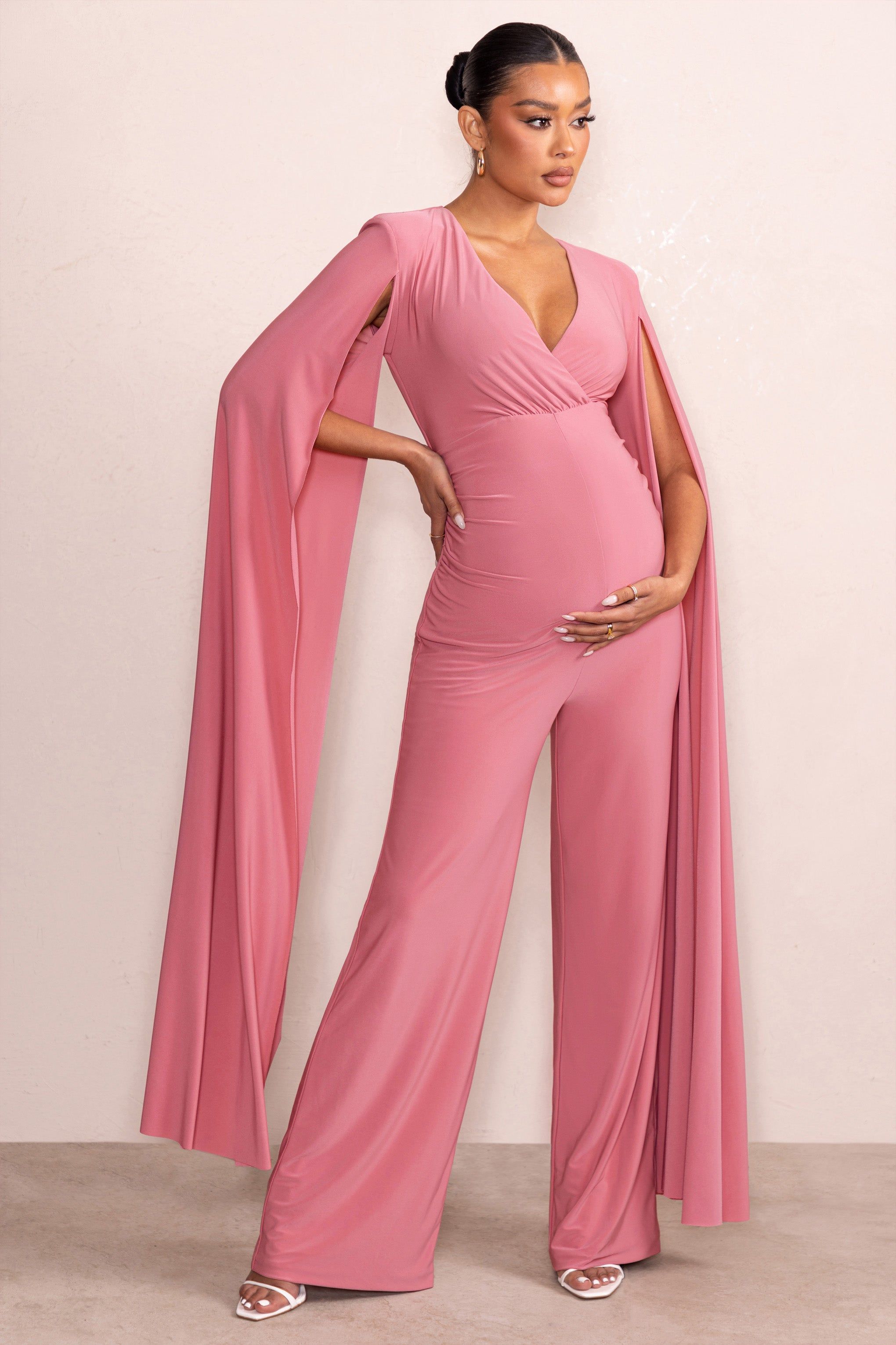 Triumph | Blush Plunge Neck Maternity Jumpsuit with Cape Sleeves sold by Club L London product image thumbnail 4