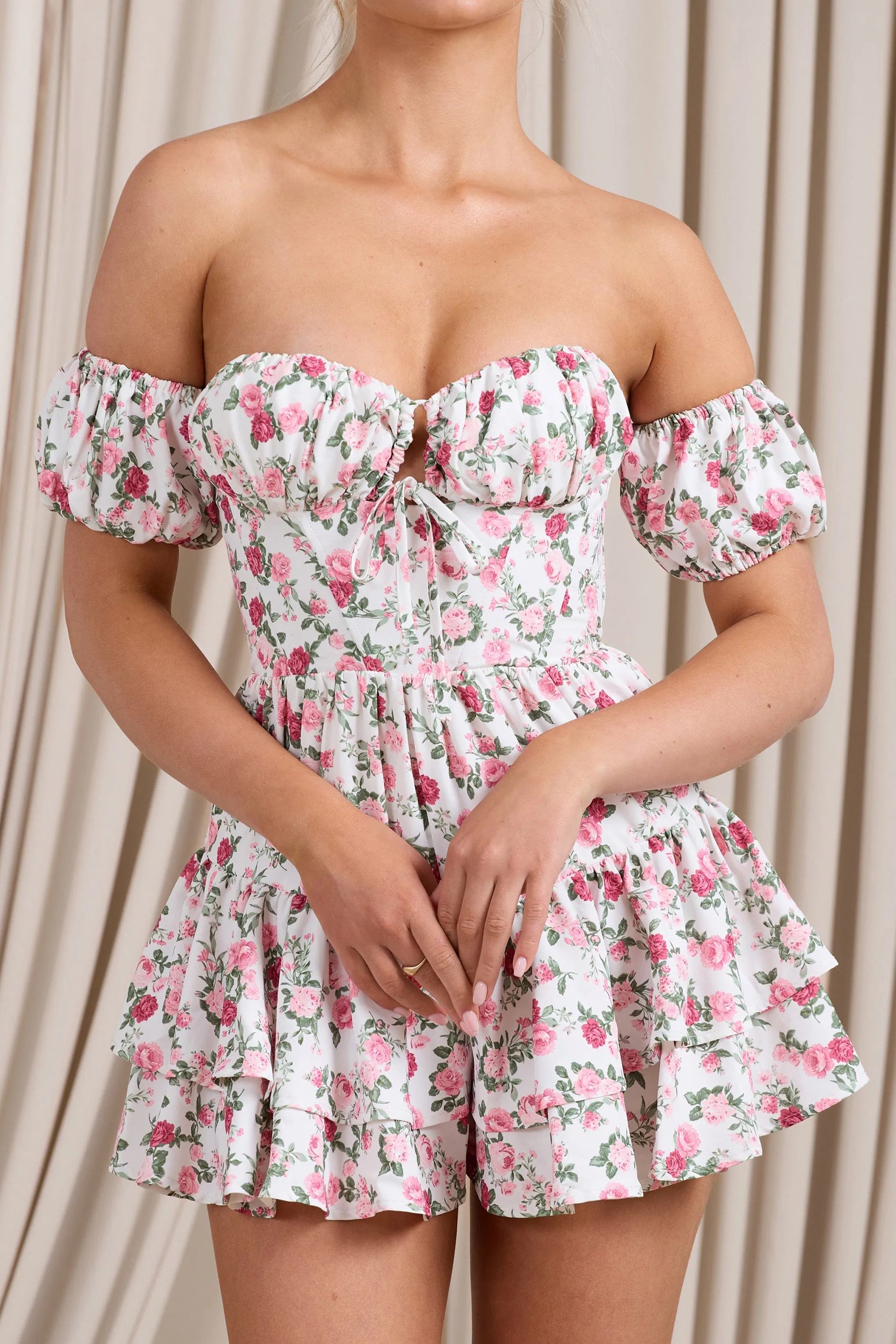 Piazza Play | Floral Print Ruffled Corset Bardot Playsuit sold by Club L London product image thumbnail 3