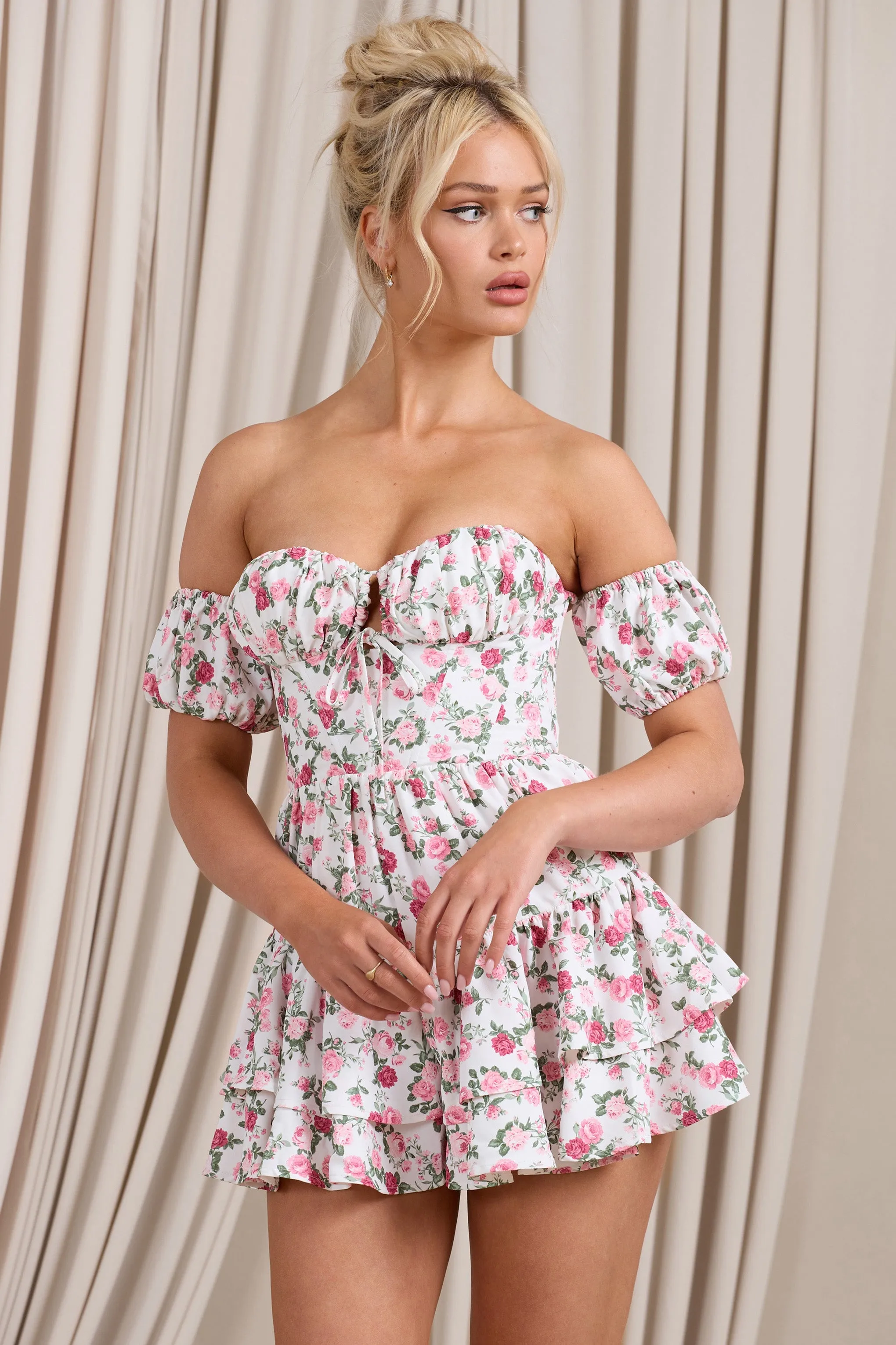 Piazza Play | Floral Print Ruffled Corset Bardot Playsuit sold by Club L London