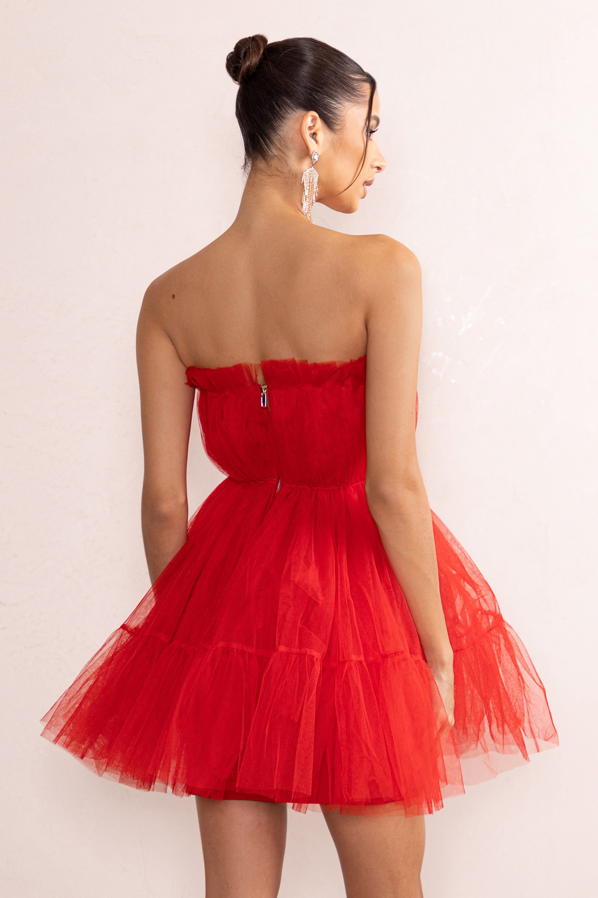 Aella | Red Bandeau Volume Pleated Tulle Mini Dress sold by Club L London product image thumbnail 2