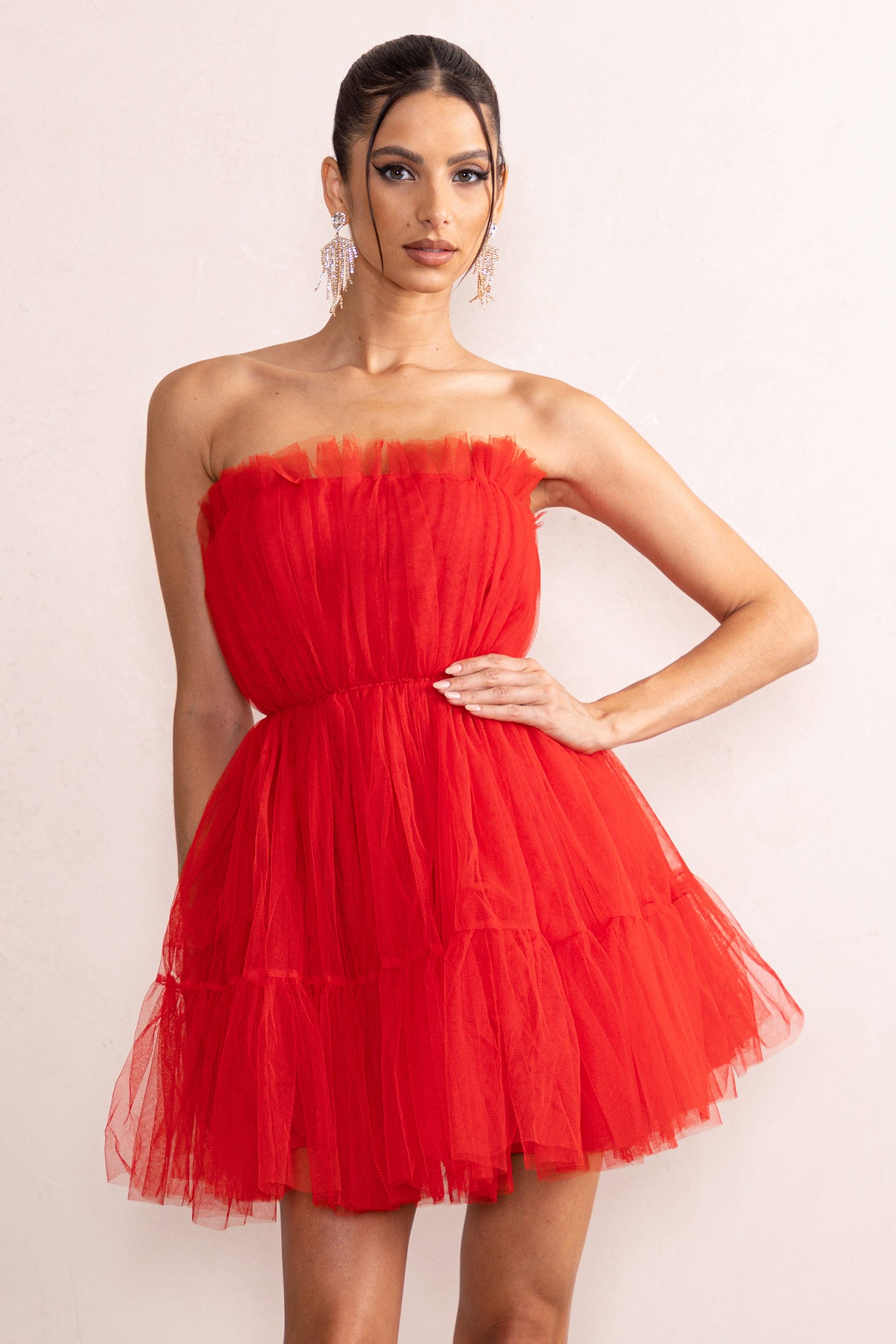 Aella | Red Bandeau Volume Pleated Tulle Mini Dress sold by Club L London