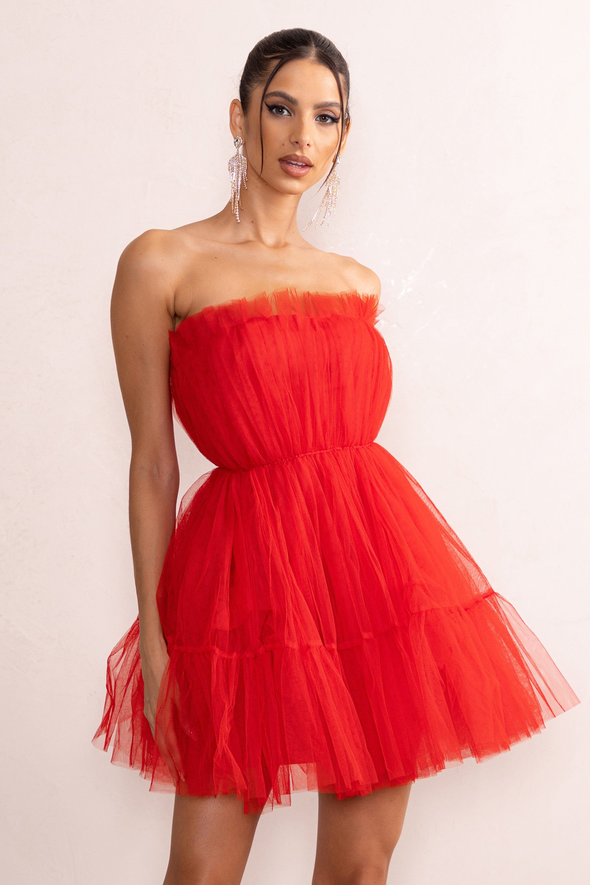 Aella | Red Bandeau Volume Pleated Tulle Mini Dress sold by Club L London product image thumbnail 5