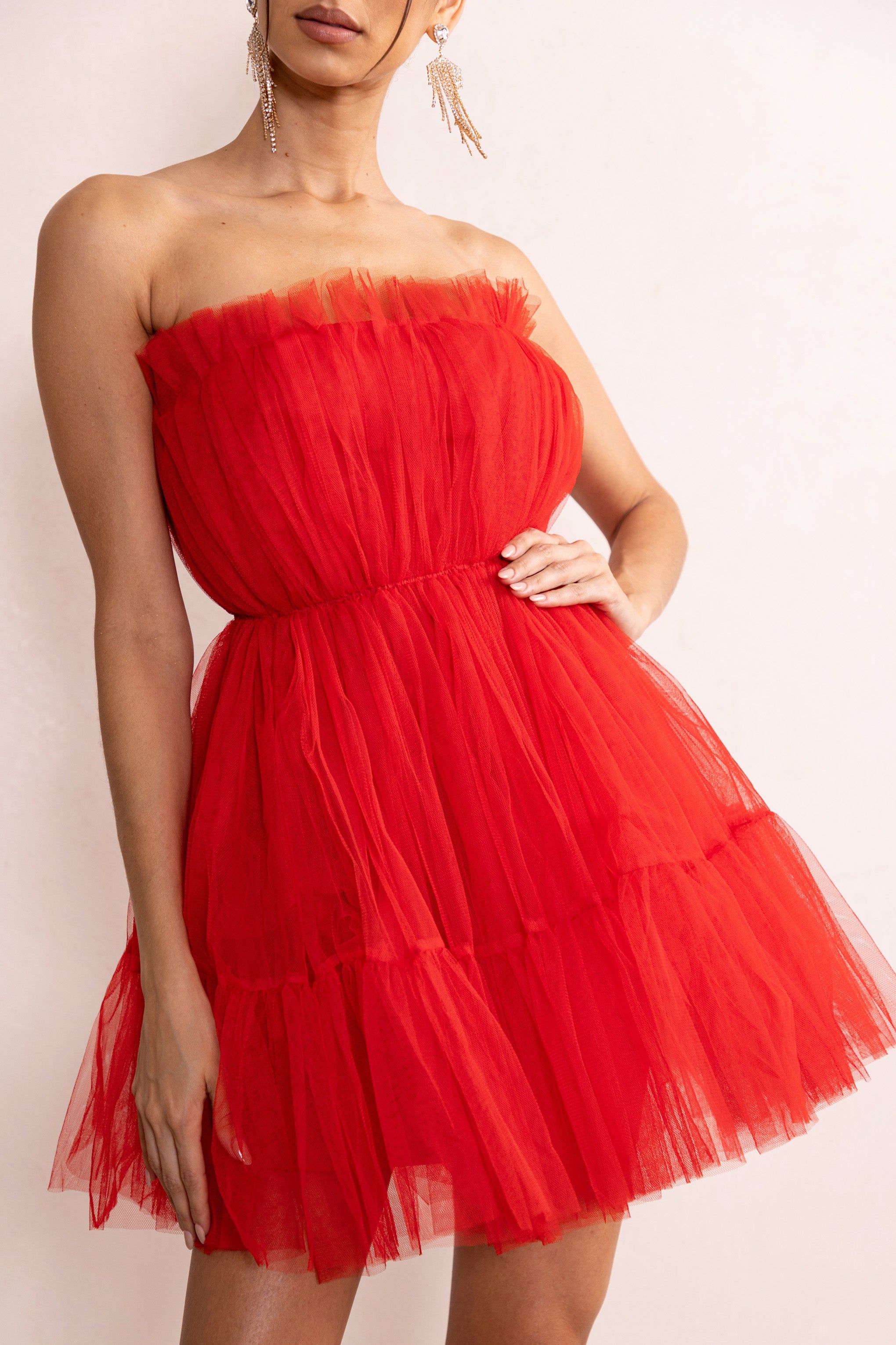 Aella | Red Bandeau Volume Pleated Tulle Mini Dress sold by Club L London product image thumbnail 3