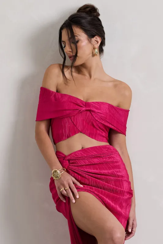 Seara | Hot Pink Plisse Twisted Bardot Crop Top sold by Club L London