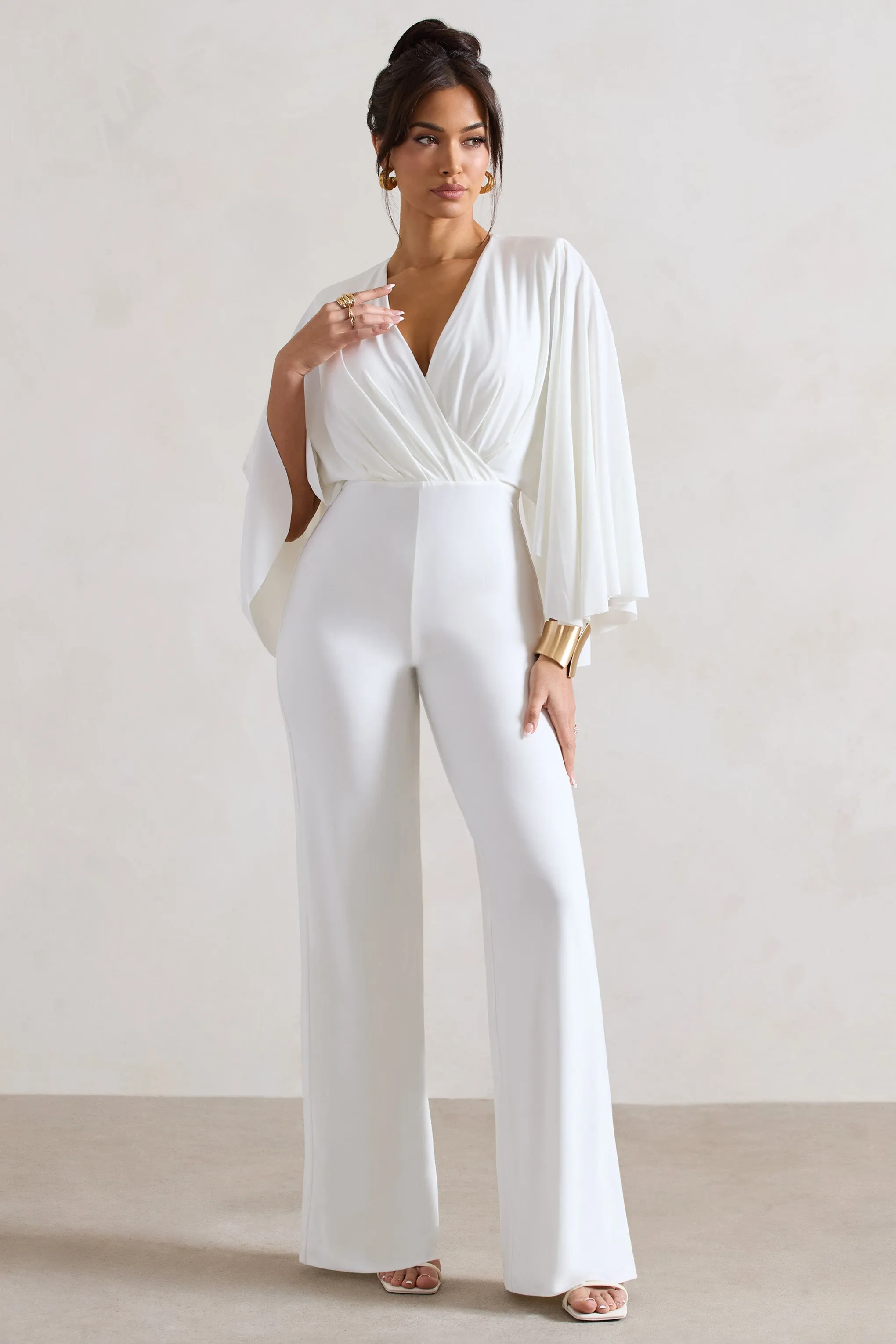 Nori | White Plunge-Neck Straight-Leg Cape Jumpsuit sold by Club L London