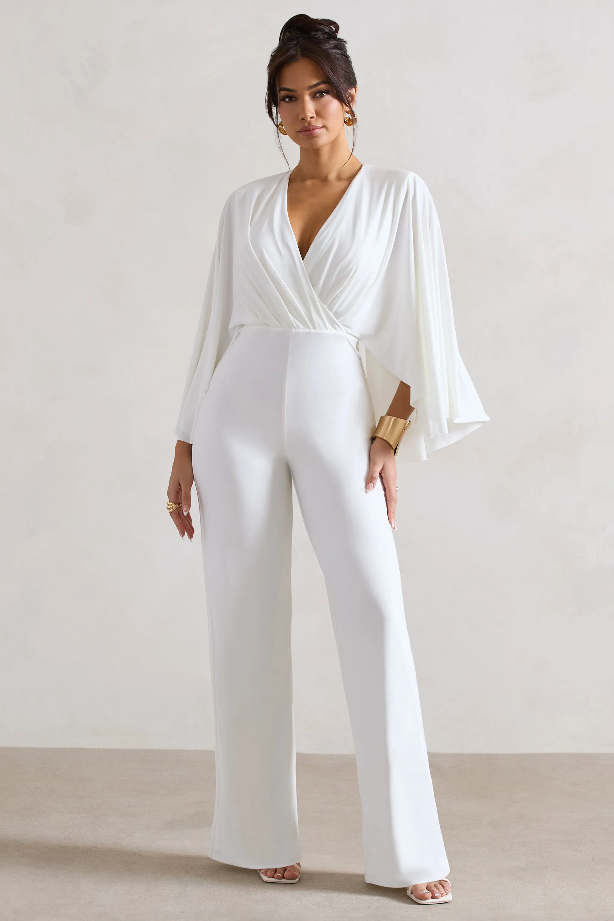 Nori | White Plunge-Neck Straight-Leg Cape Jumpsuit sold by Club L London product image thumbnail 4