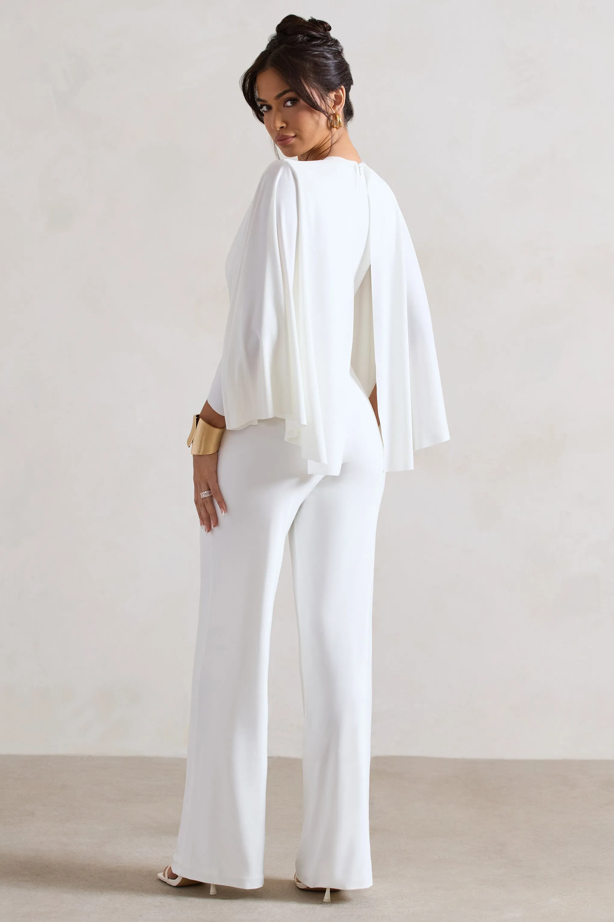 Nori | White Plunge-Neck Straight-Leg Cape Jumpsuit sold by Club L London product image thumbnail 2