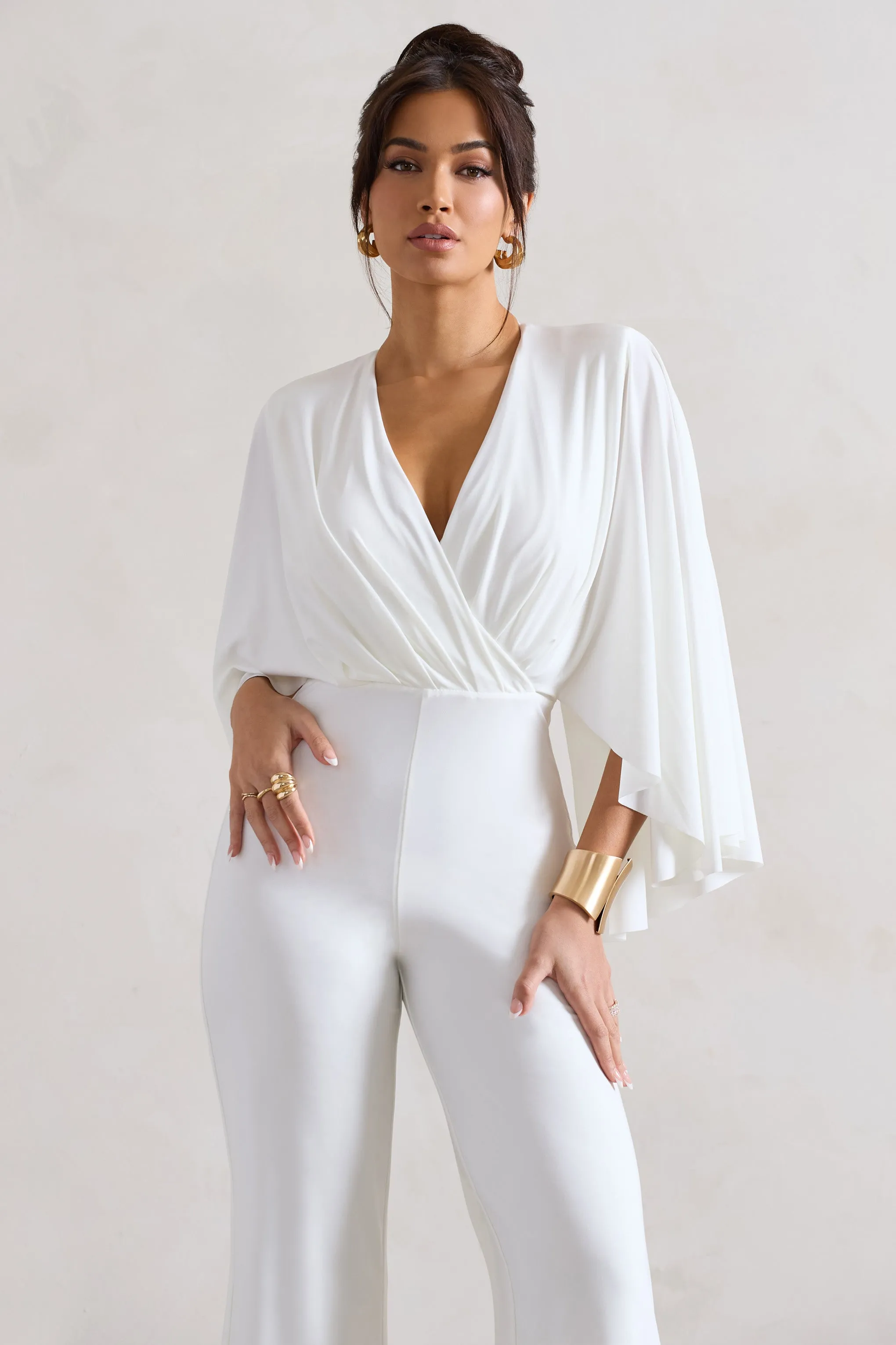 Nori | White Plunge-Neck Straight-Leg Cape Jumpsuit sold by Club L London product image thumbnail 3
