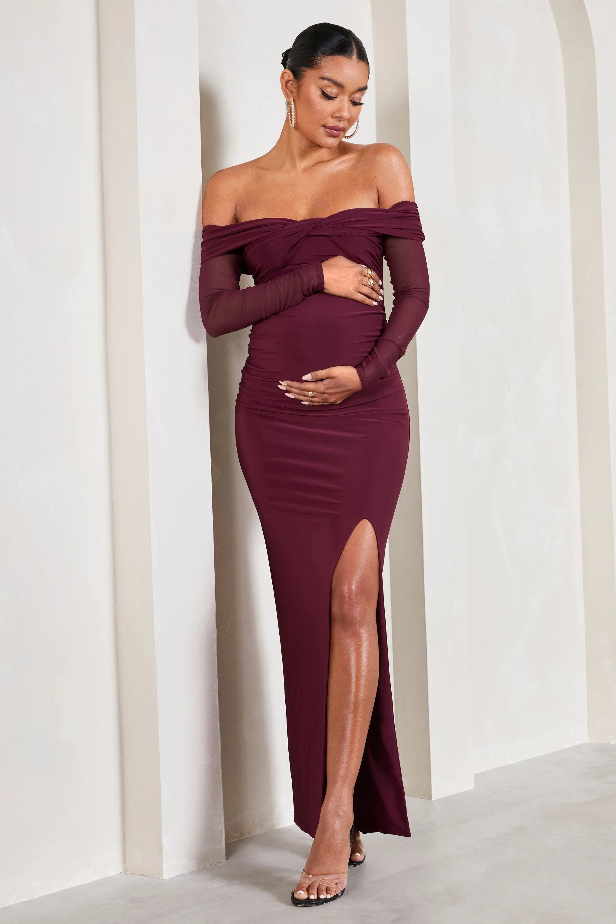 Elsie | Burgundy Bardot Long-Sleeved Maternity Maxi Dress sold by Club L London product image thumbnail 3