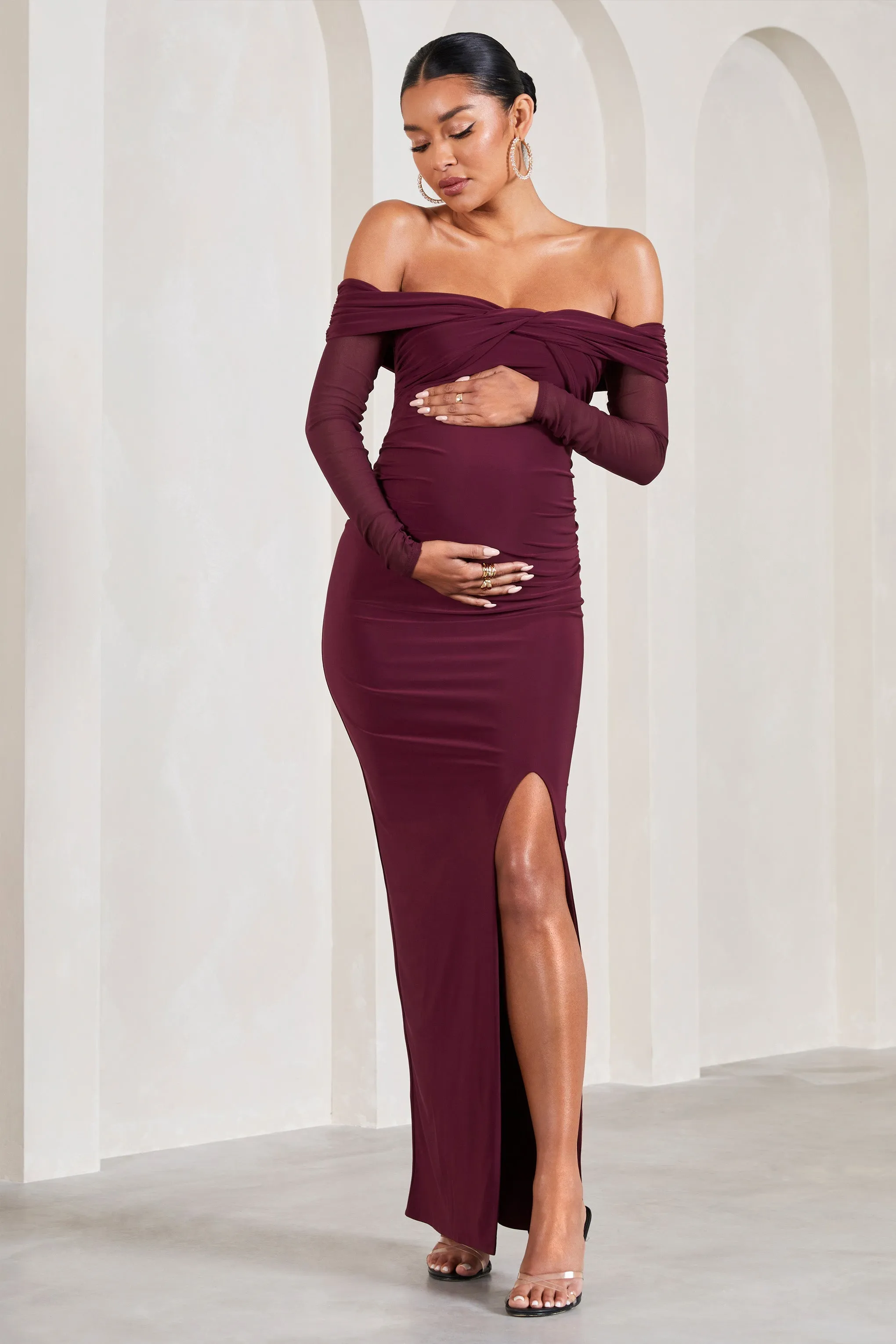 Elsie | Burgundy Bardot Long-Sleeved Maternity Maxi Dress sold by Club L London