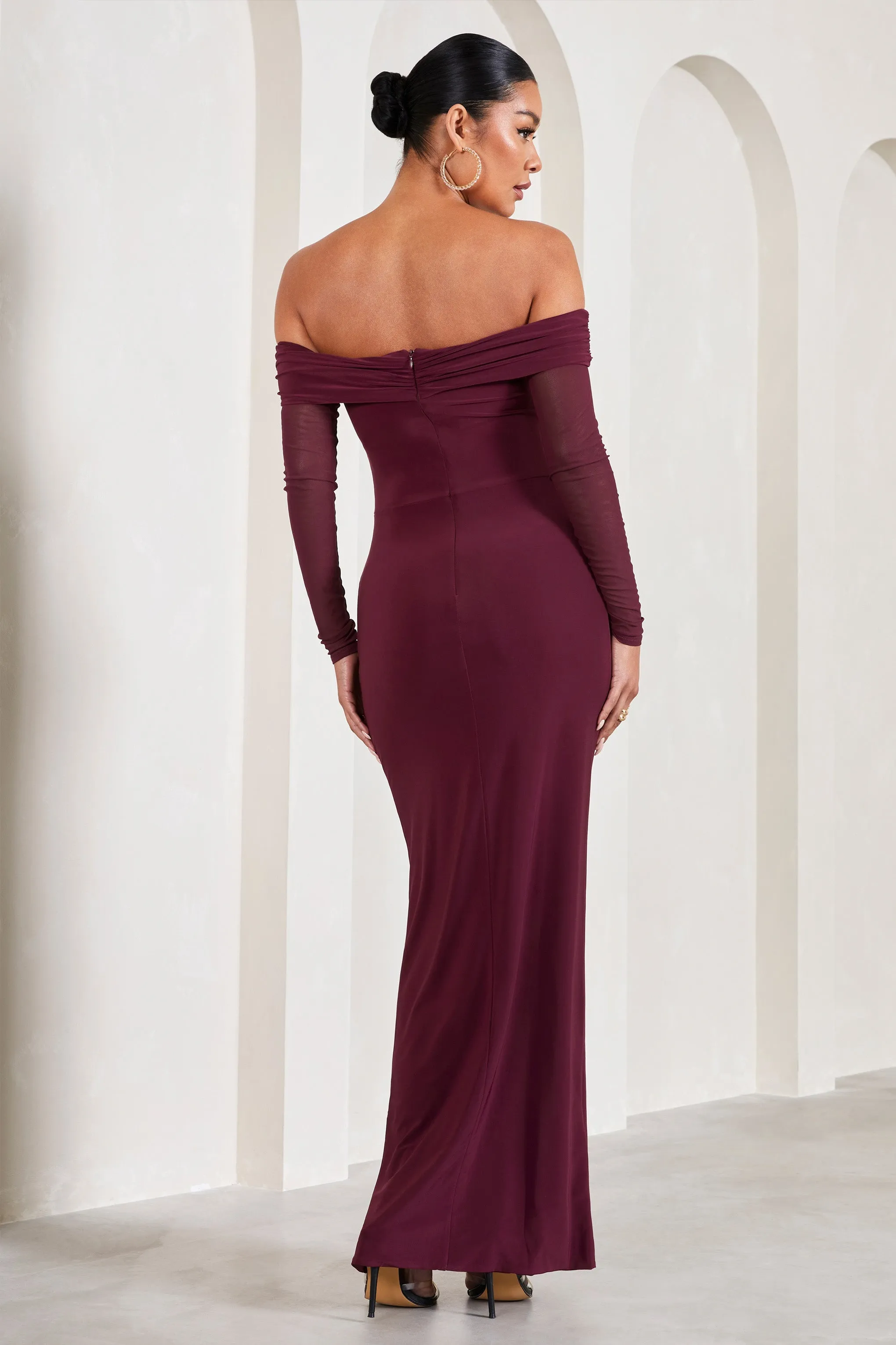 Elsie | Burgundy Bardot Long-Sleeved Maternity Maxi Dress sold by Club L London product image thumbnail 2