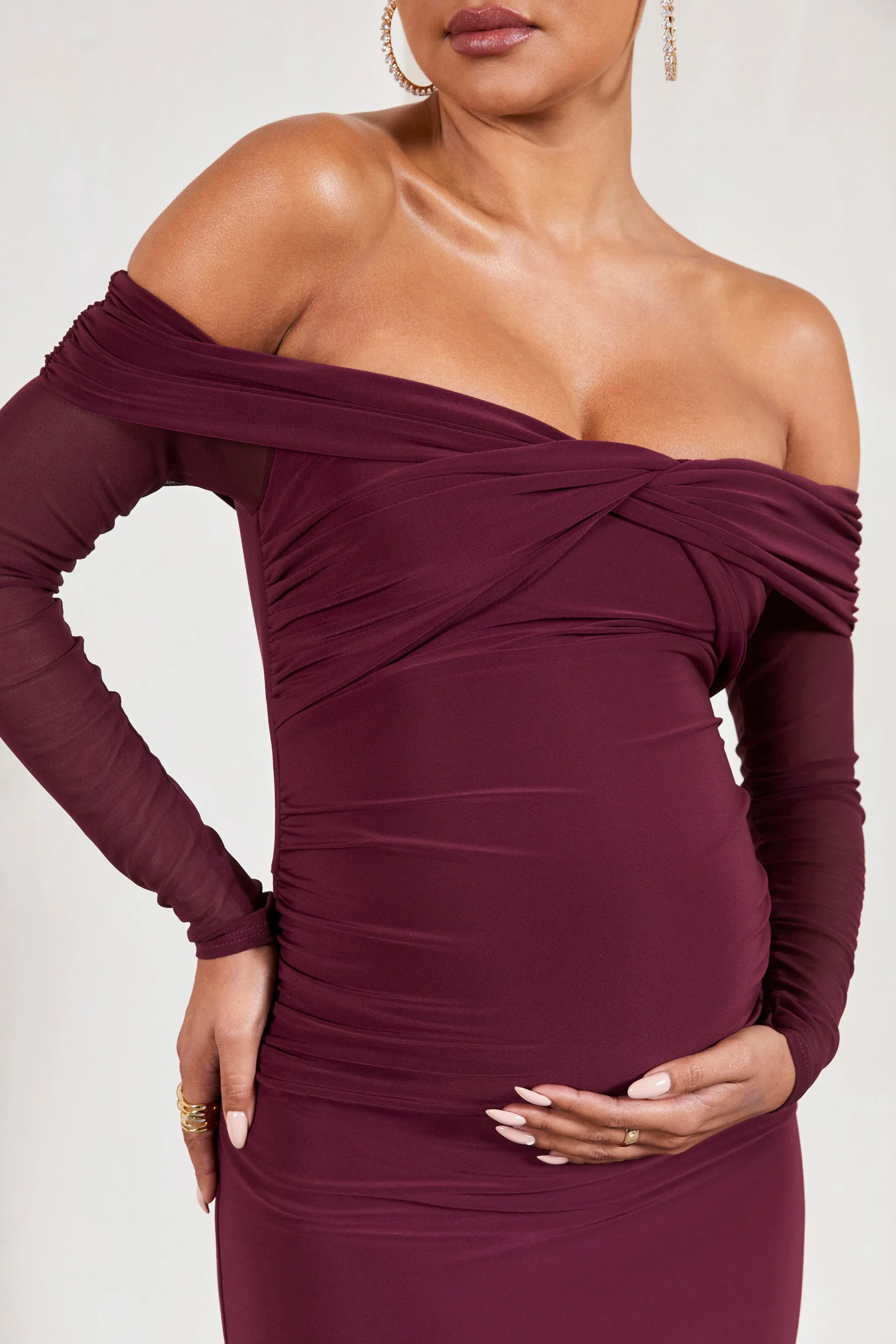 Elsie | Burgundy Bardot Long-Sleeved Maternity Maxi Dress sold by Club L London product image thumbnail 4