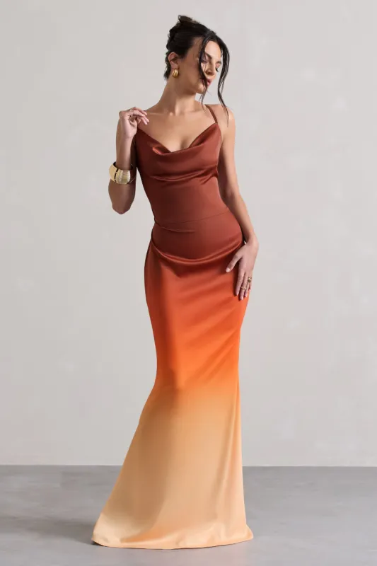 Fiji | Orange Ombre Satin Cowl-Neck Strappy Maxi Dress sold by Club L London
