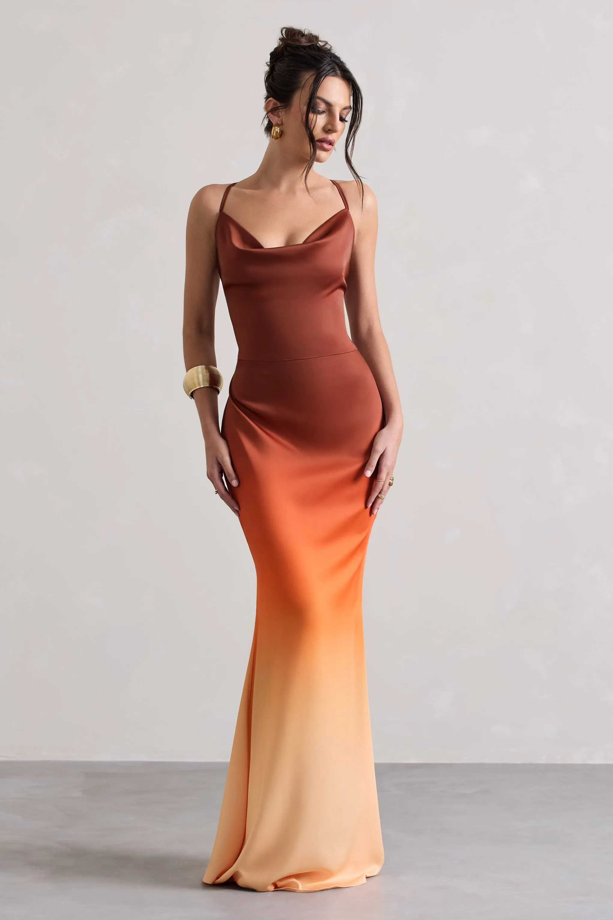 Fiji | Orange Ombre Satin Cowl-Neck Strappy Maxi Dress sold by Club L London product image thumbnail 4